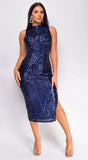 Rae Navy Blue High Neck Sequin Midi Dress