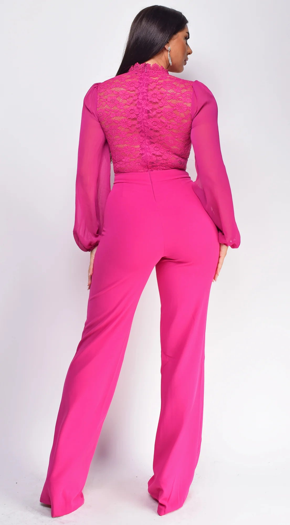 Nerine Crochet Lace Mesh Jumpsuit Magenta Pink