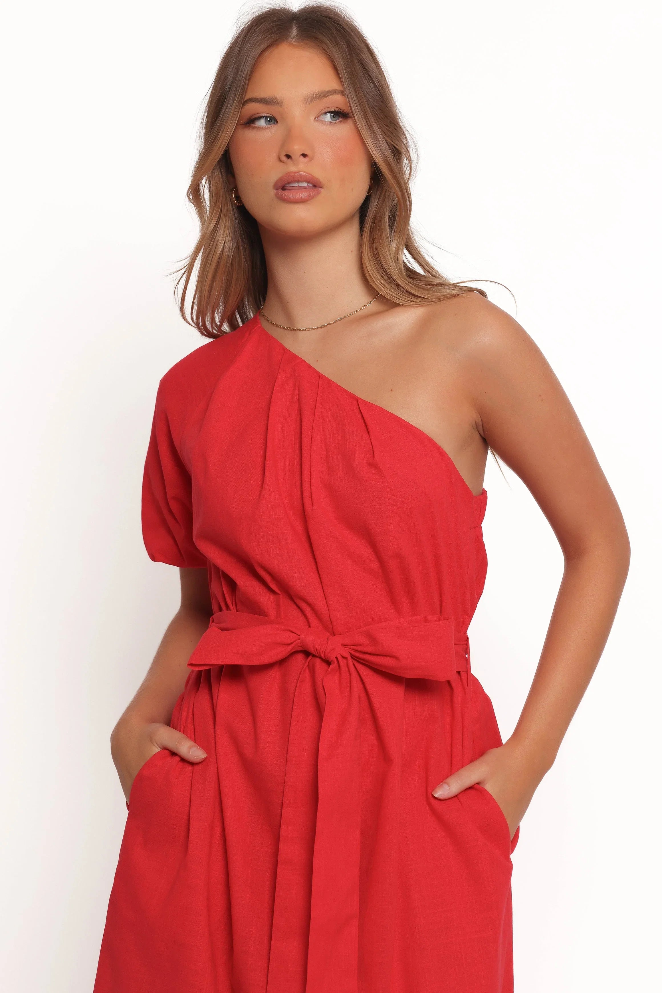 Roma One Shoulder Midi Dress Red