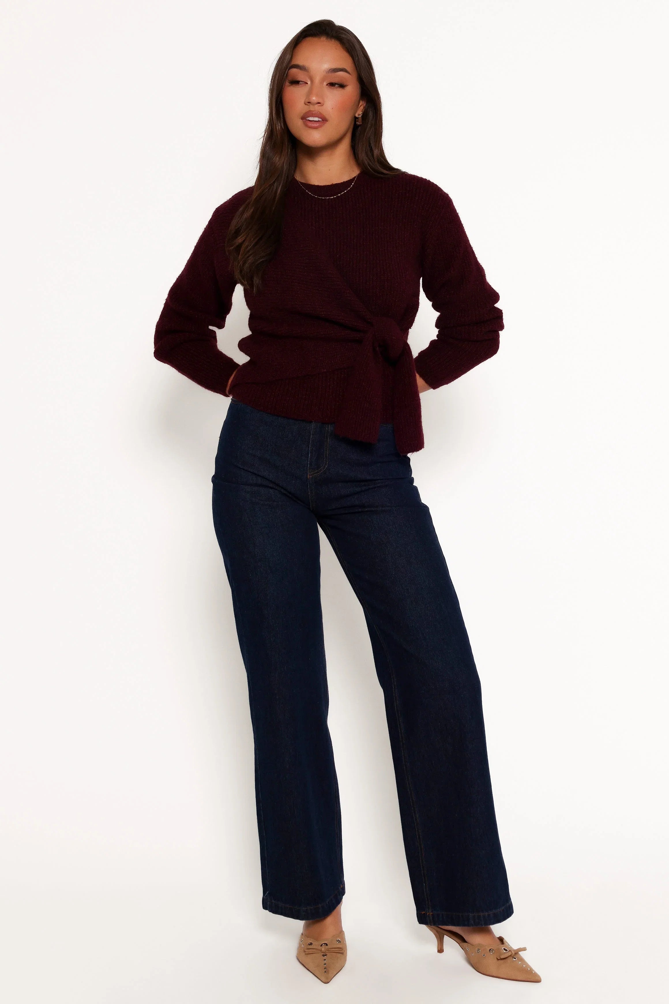Ettie Wrap Side Tie Knit Sweater Burgundy