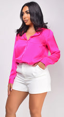 Braylee Satin Button Down Blouse Top Hot Pink