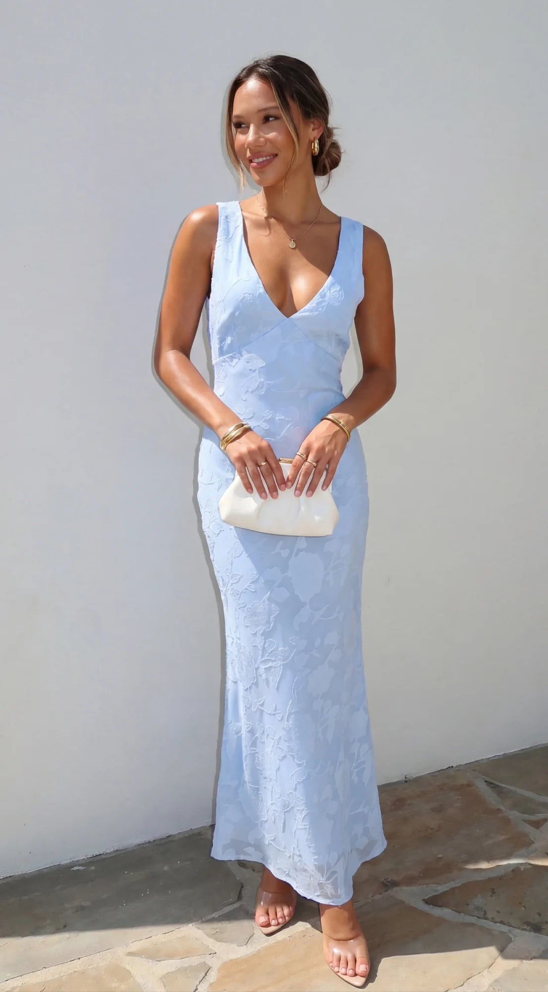 Elyra Floral Burnout Halter Maxi Dress Blue