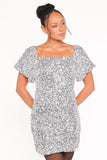 Tory Off Shoulder Sequin Mini Dress Silver