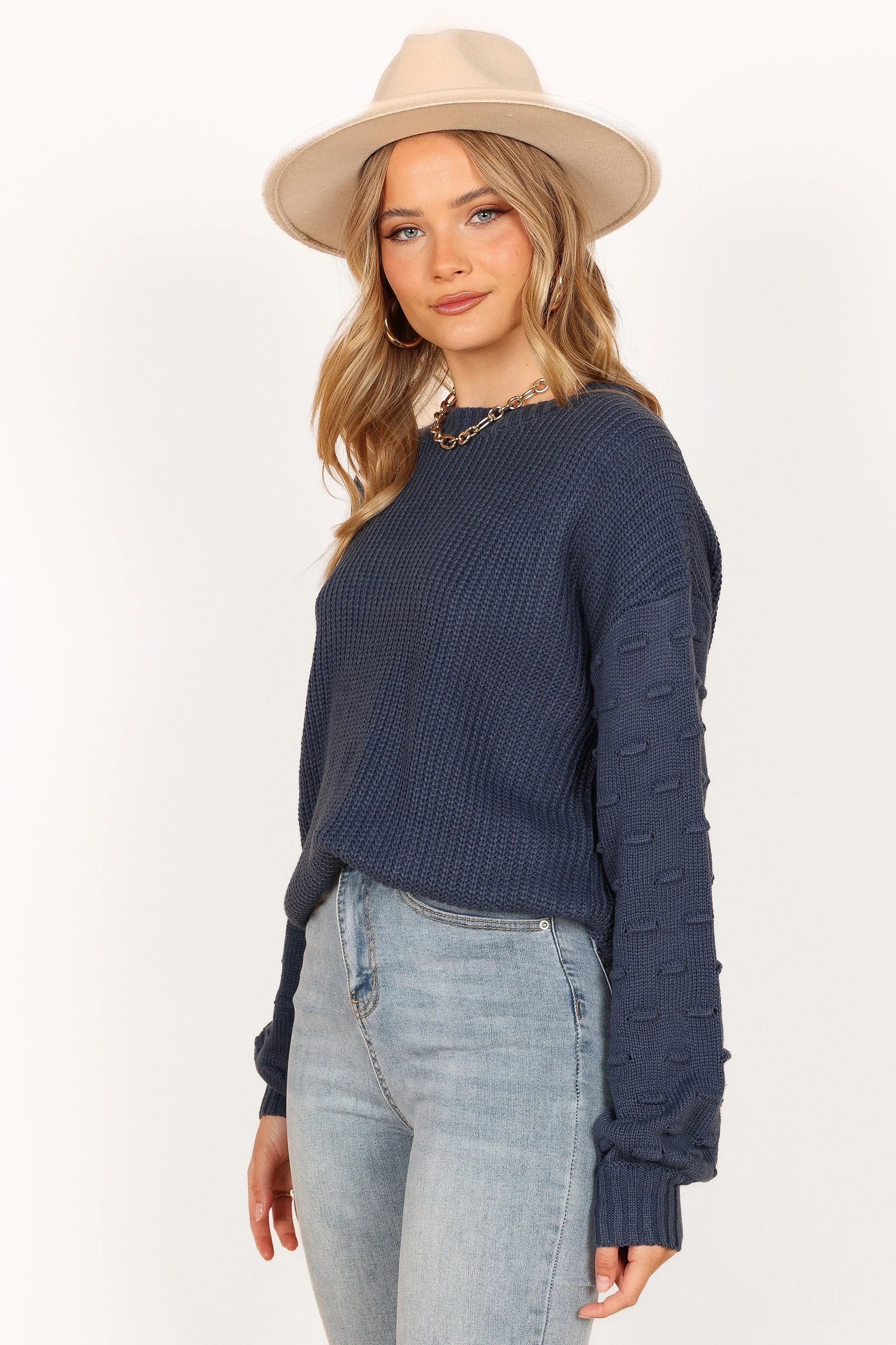 Katrina Textured Sleeve Crewneck Knit Sweater Midnight Blue