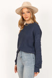 Katrina Textured Sleeve Crewneck Knit Sweater Midnight Blue