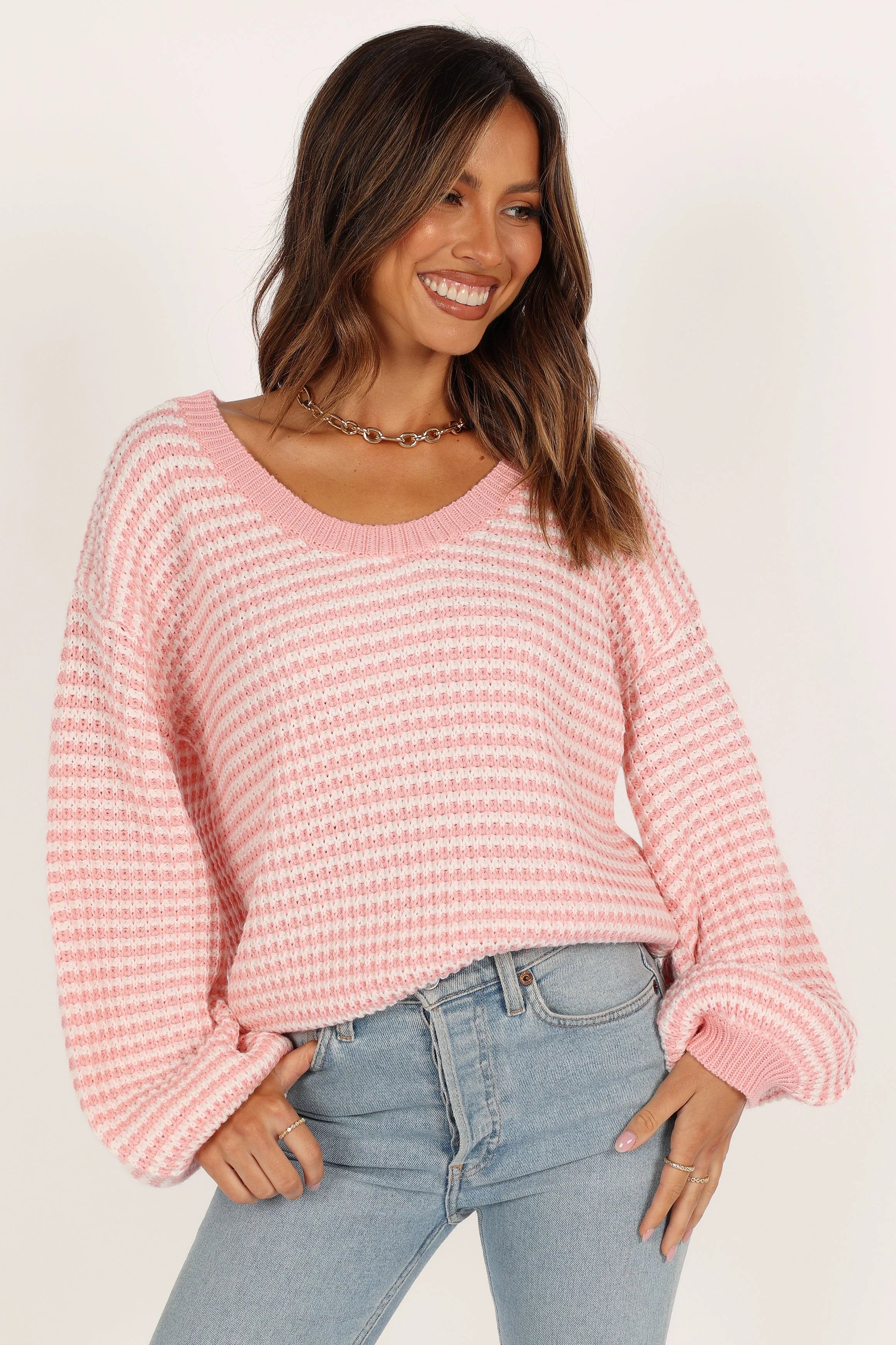 Becca Crewneck Waffle Stitch Stripe Knit Sweater Pink