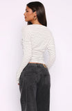 Another Time Cinched Waist Long Sleeve Top White Stripe