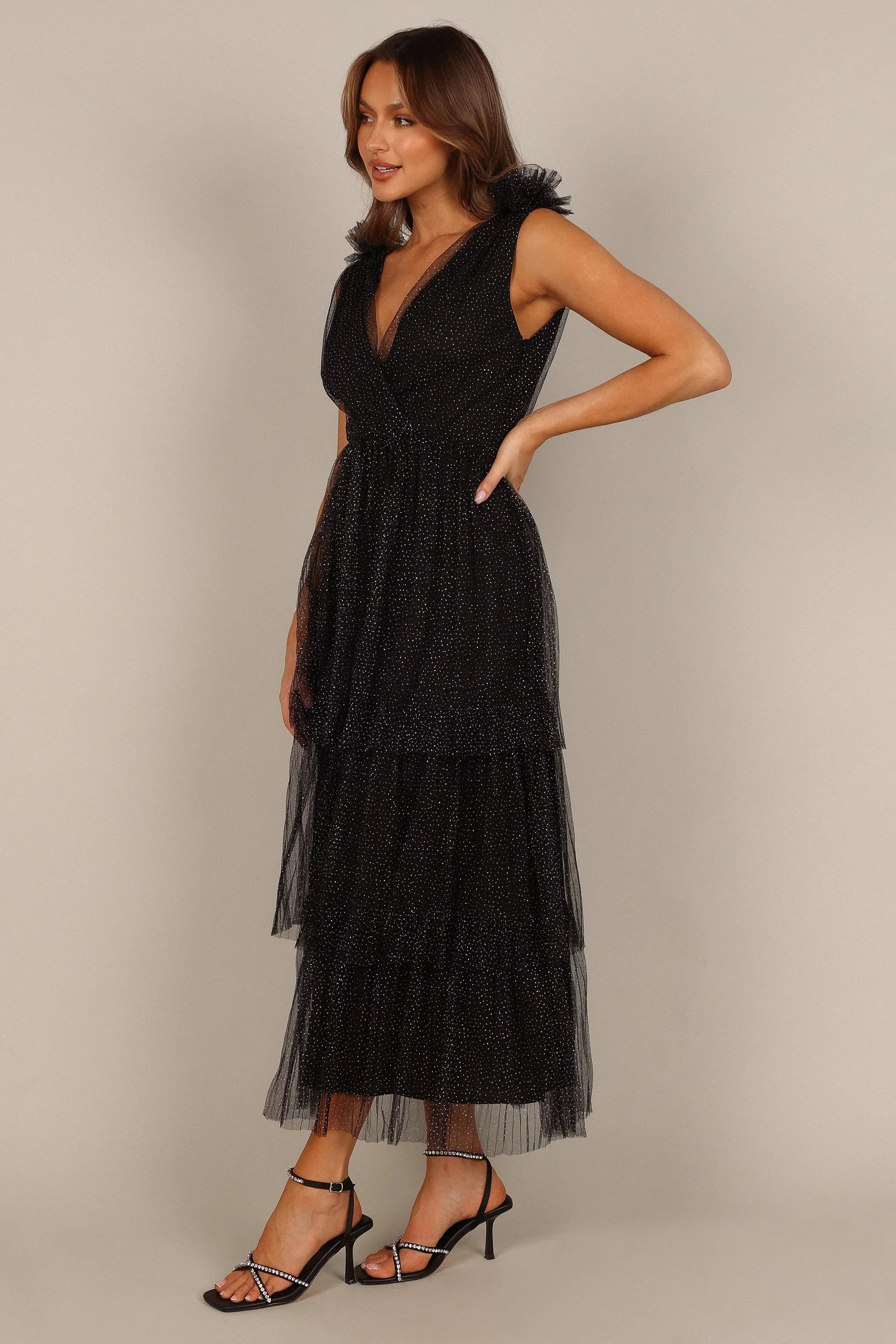 Asteria Tulle Tiered Maxi Dress Black Sparkle