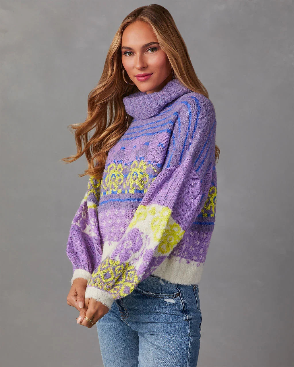 Monet Knit Printed Turtleneck Pullover Sweater