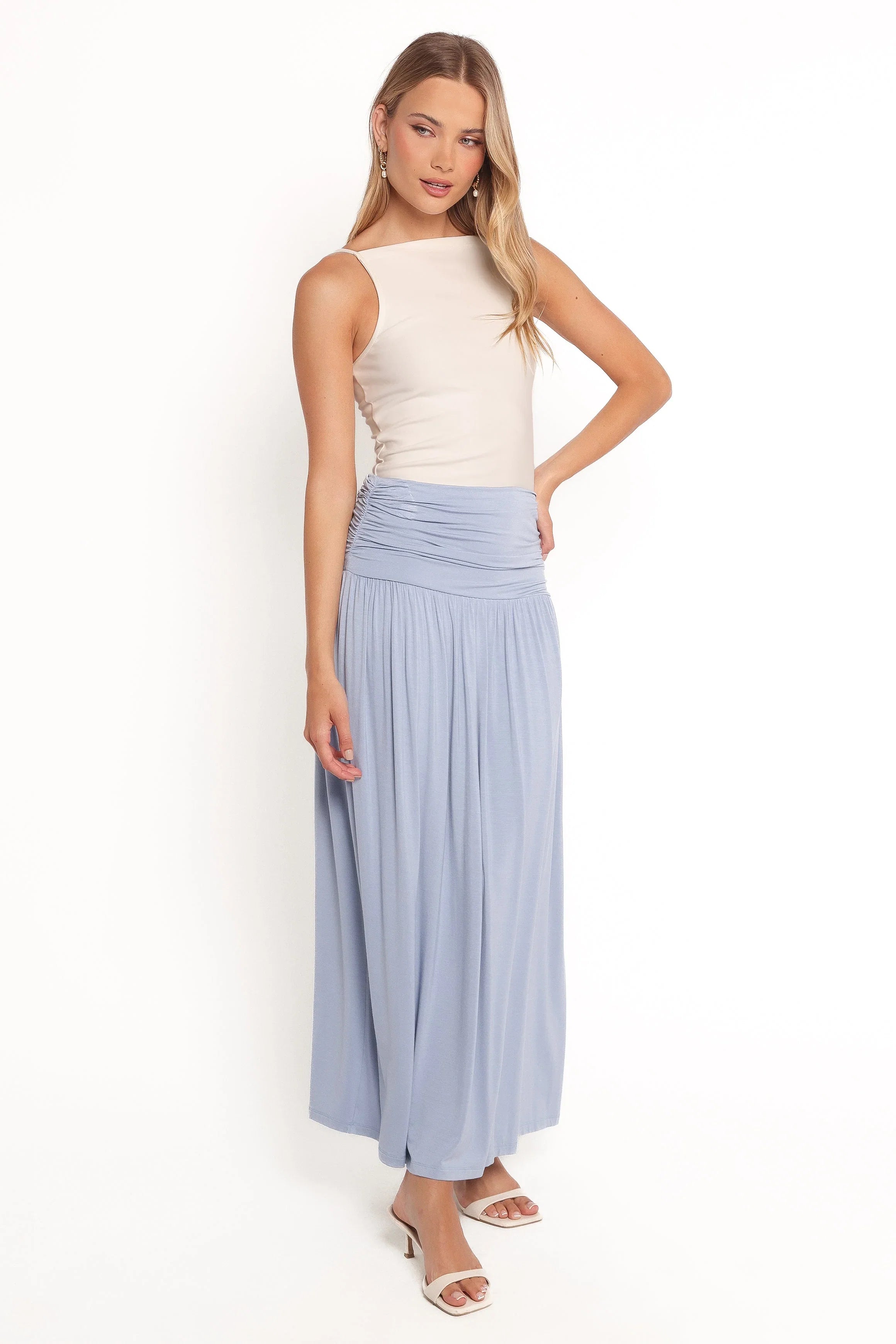 Lavia Ruched Knit Maxi Skirt Soft Blue