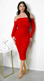 Annora Mesh Long Sleeve Ruched Midi Dress Red