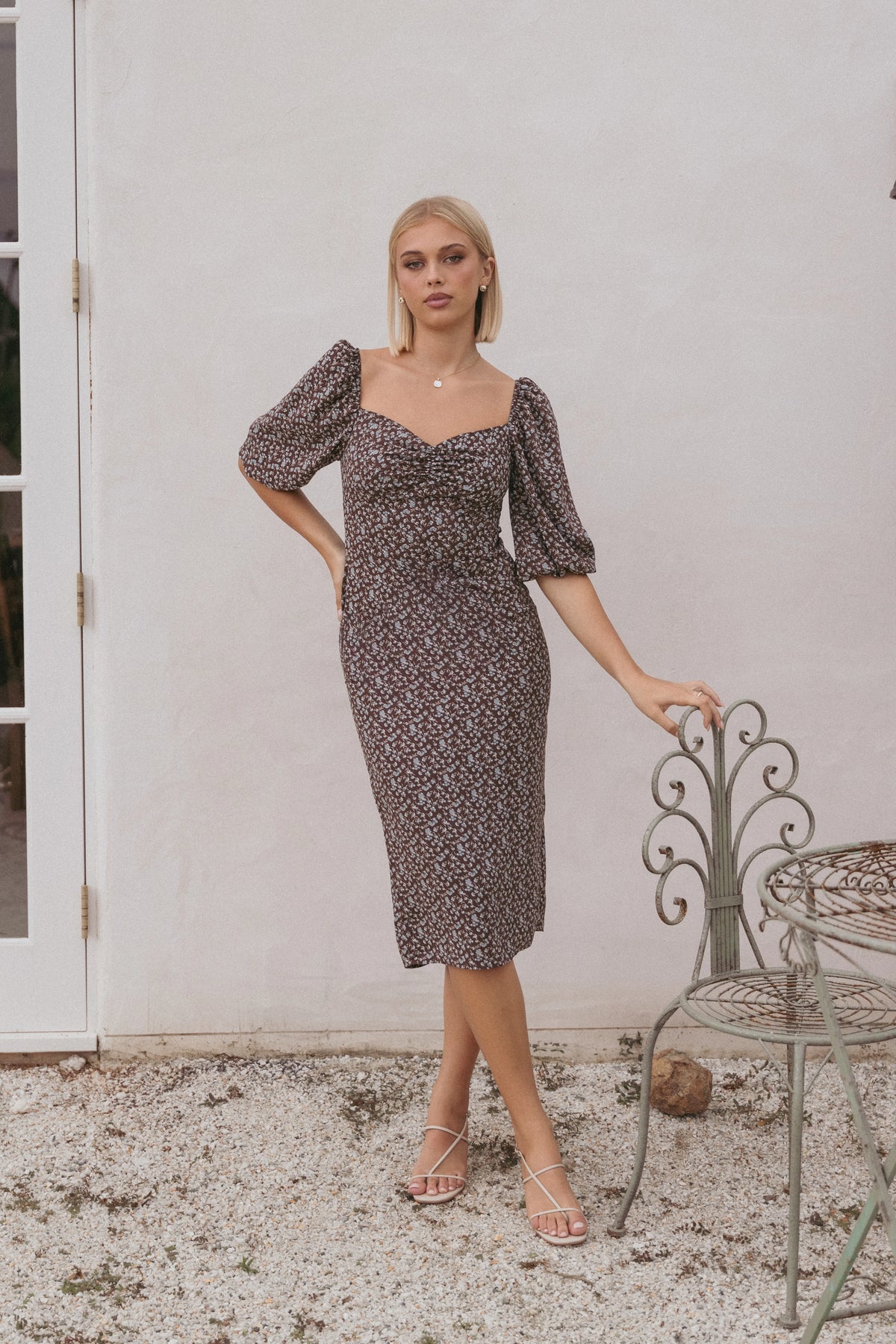 Oona Midi Dress Brown Blue Floral