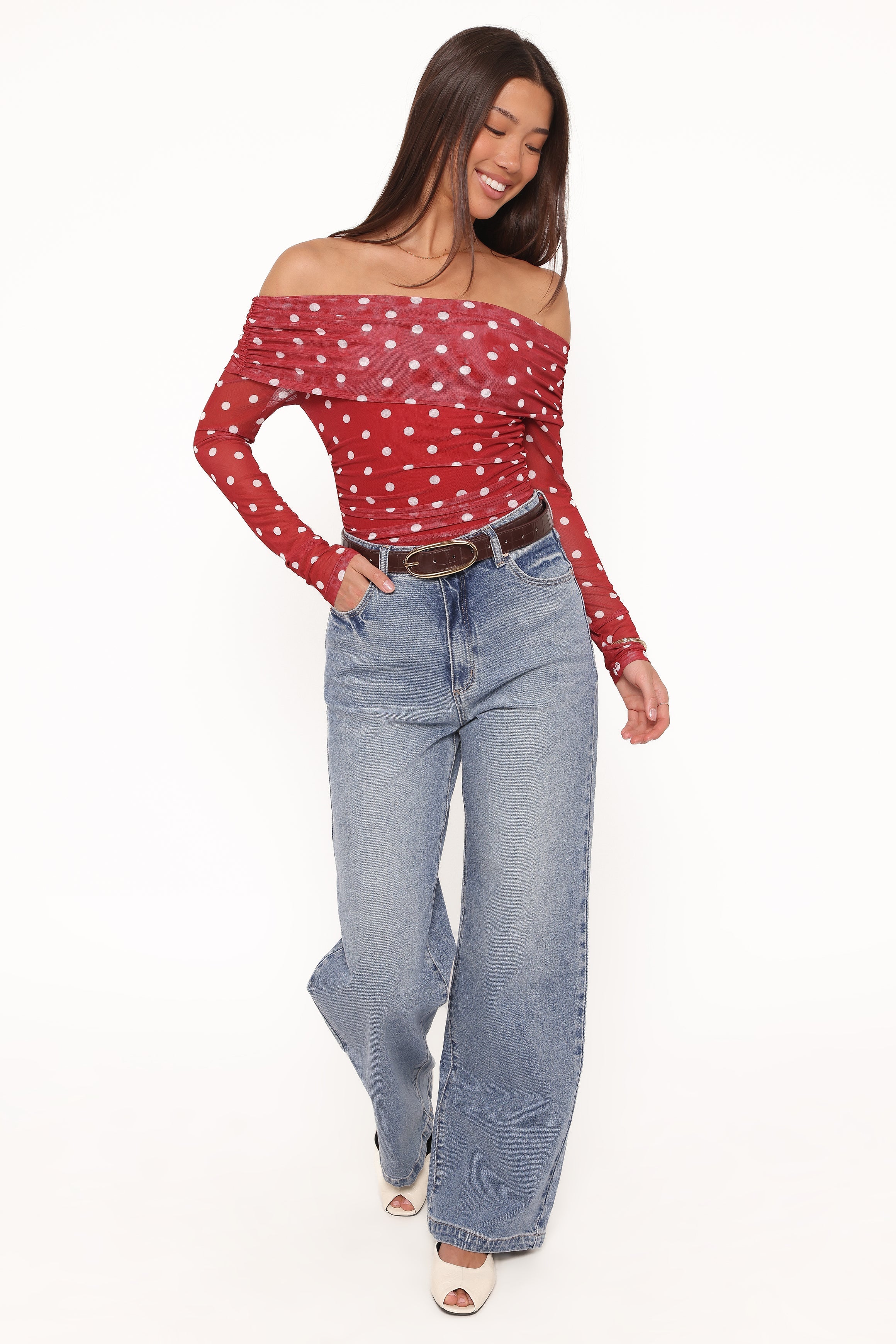 Caelira Off Shoulder Top Red Polka Dot