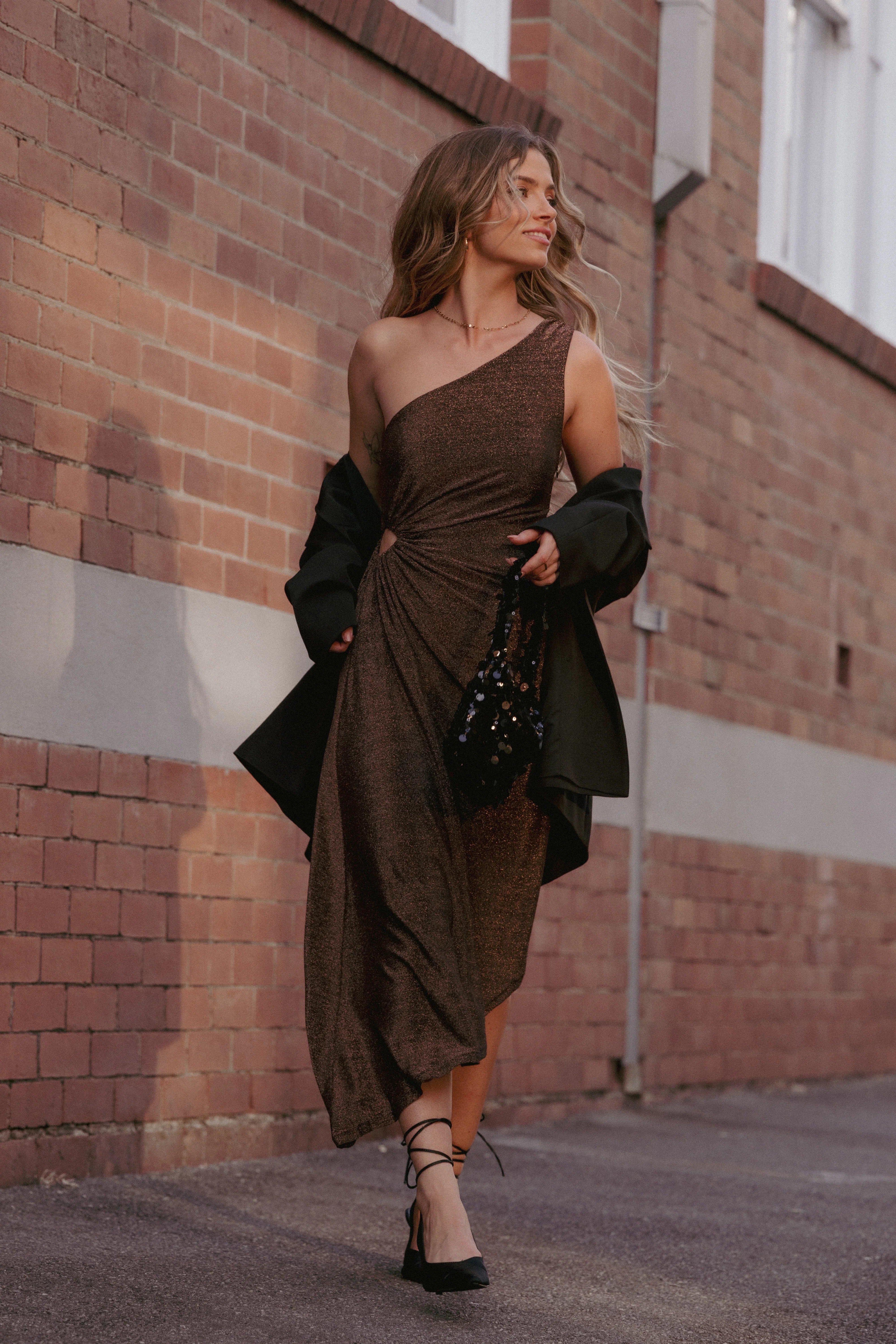 Emma One Shoulder Midi Dress Vintage Gold