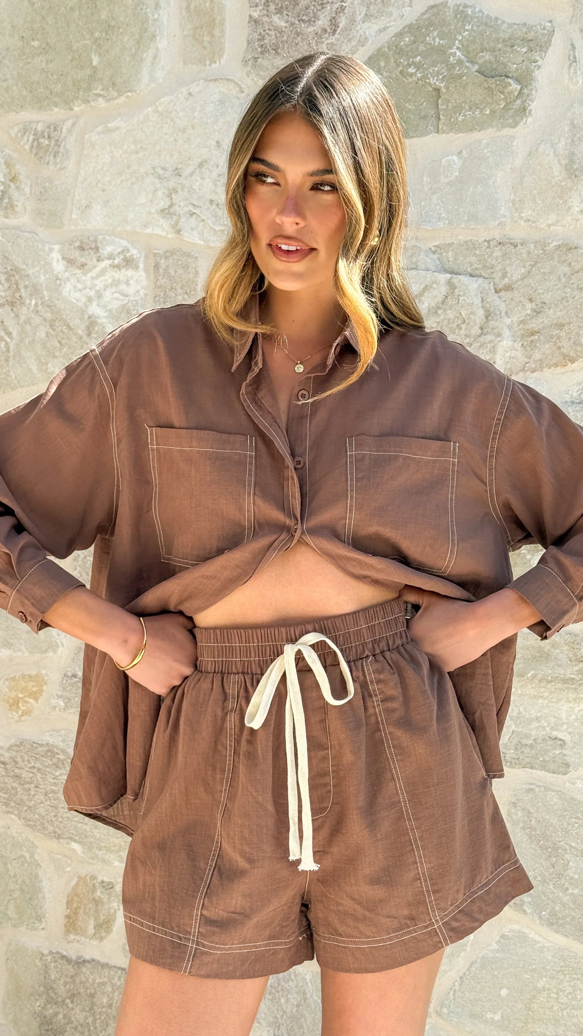 Greer Long Sleeve Top and Shorts Set Brown