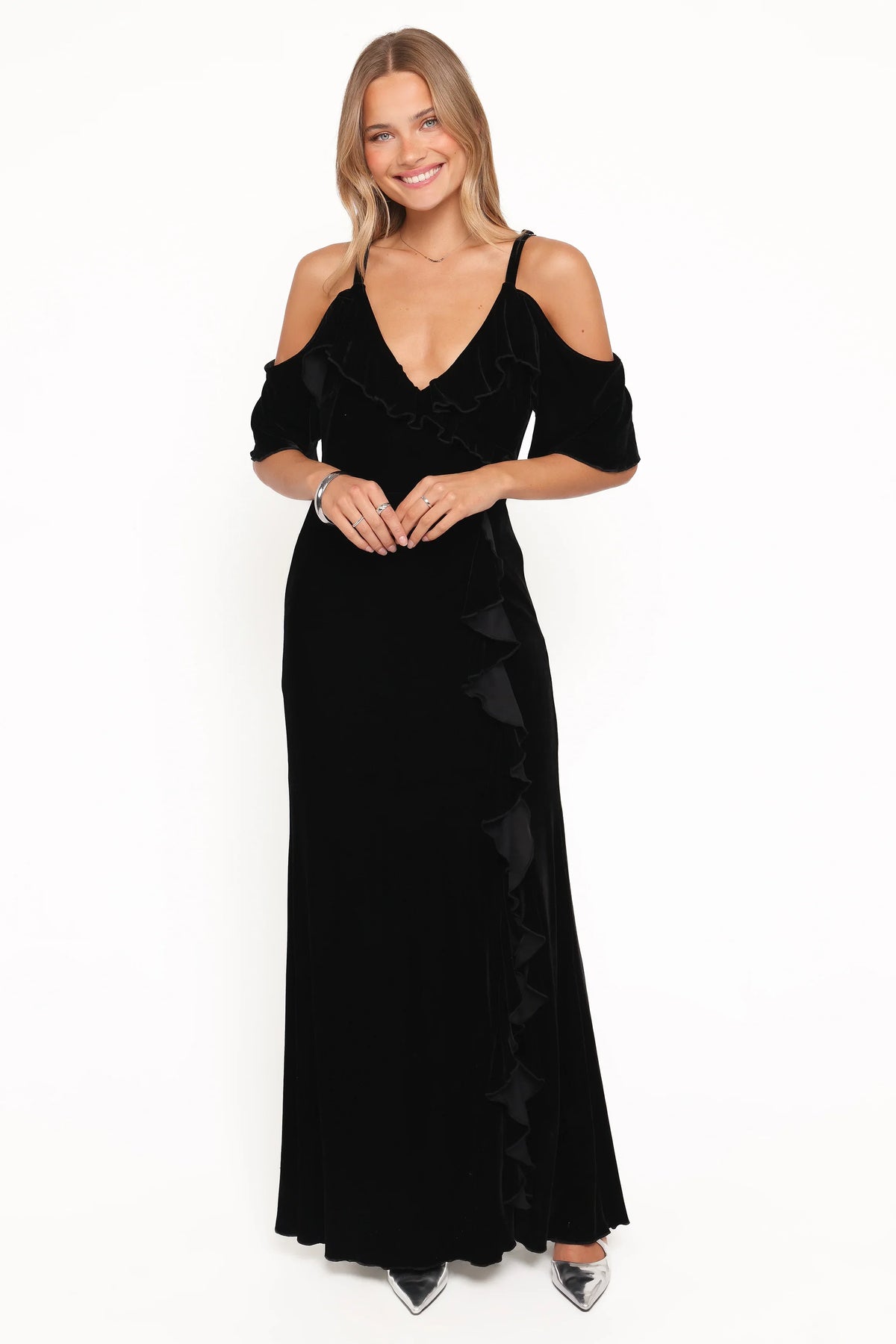 Micah Off Shoulder Velvet Maxi Dress Black