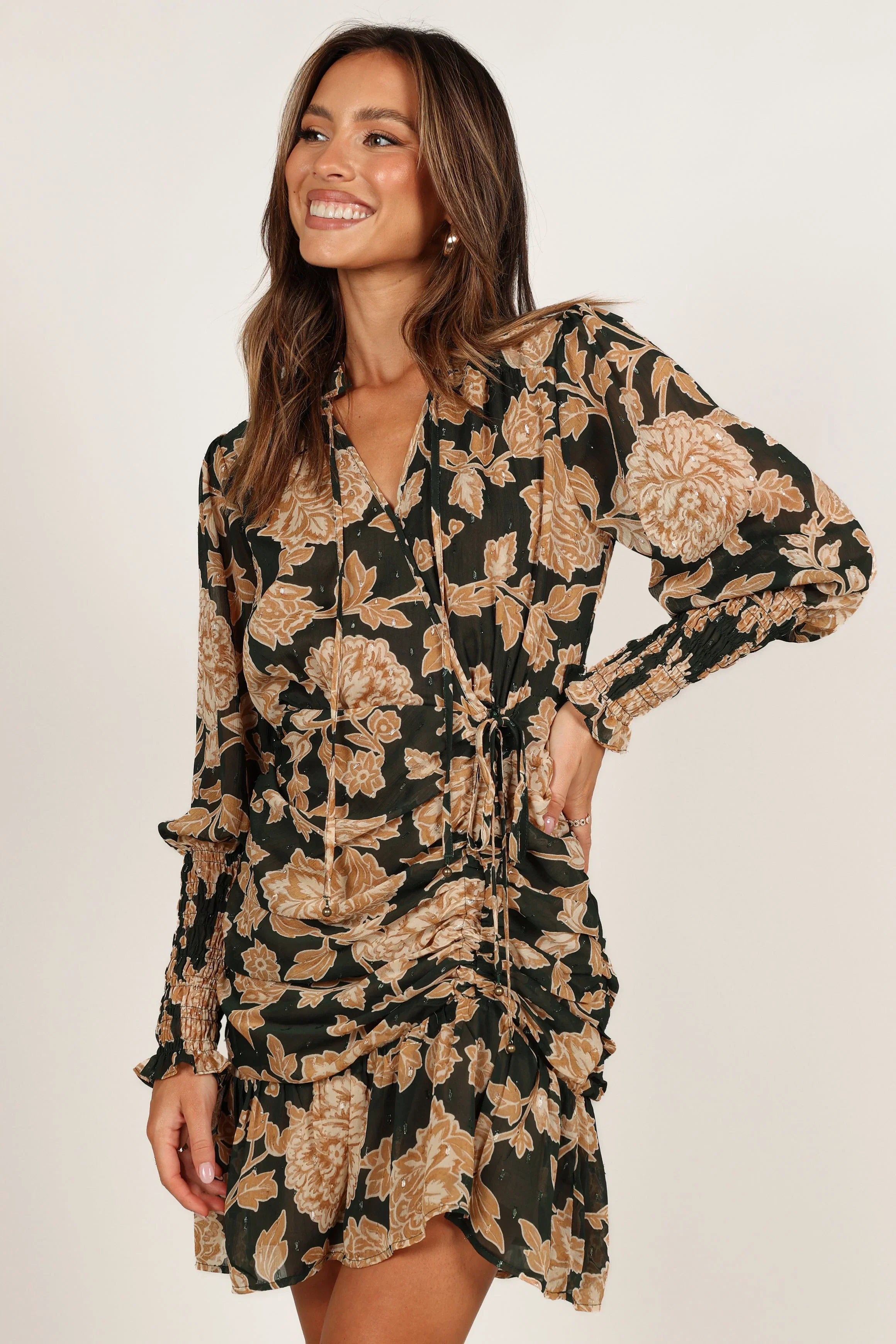 Micha Ruched High Neck Mini Dress Pine Gold