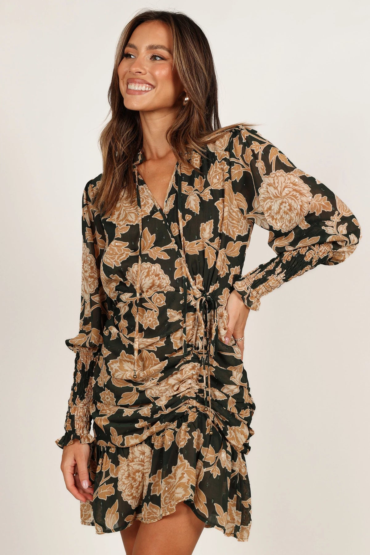 Micha Ruched High Neck Mini Dress Pine Gold