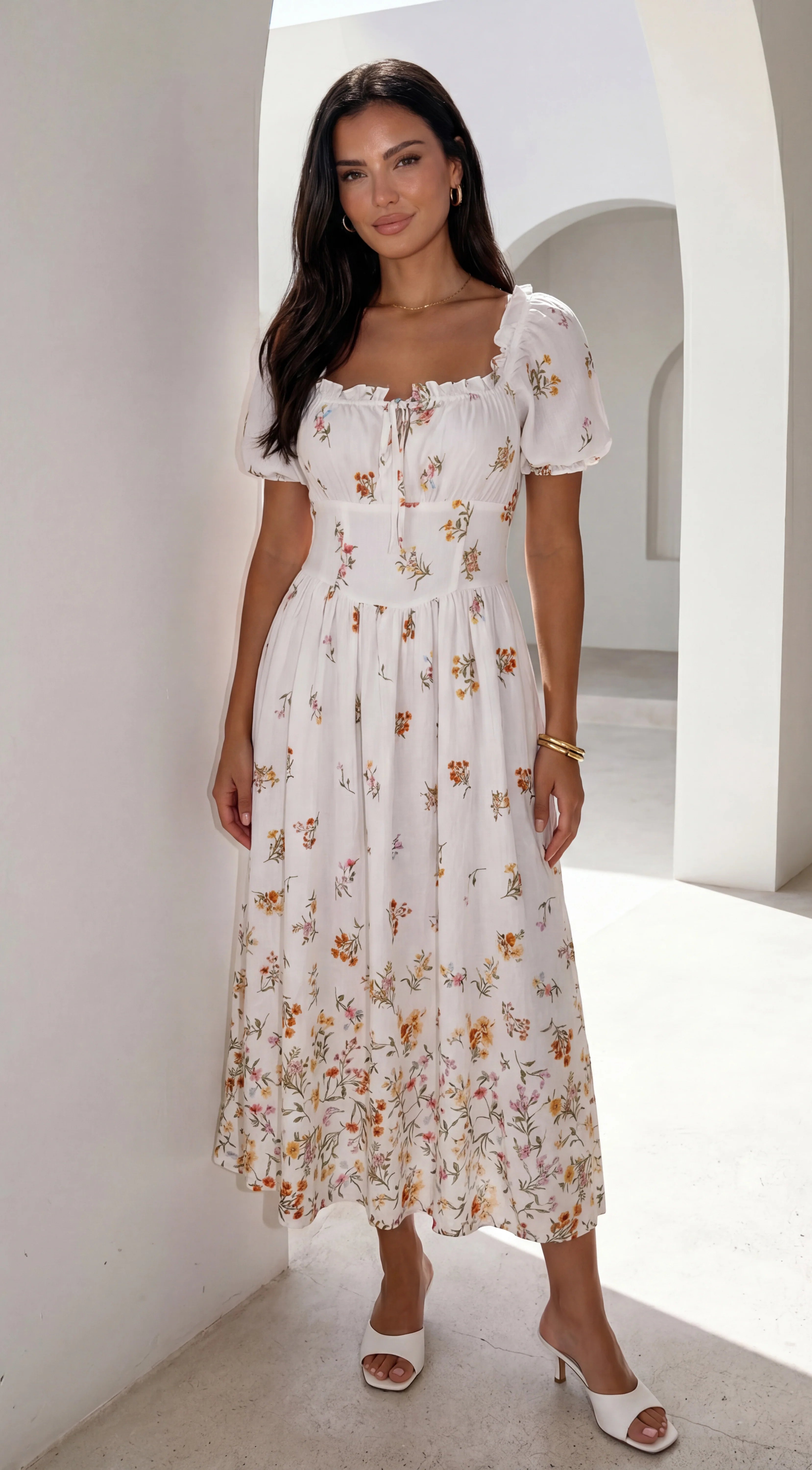 Lunaria Floral Midi Dress Ivory White