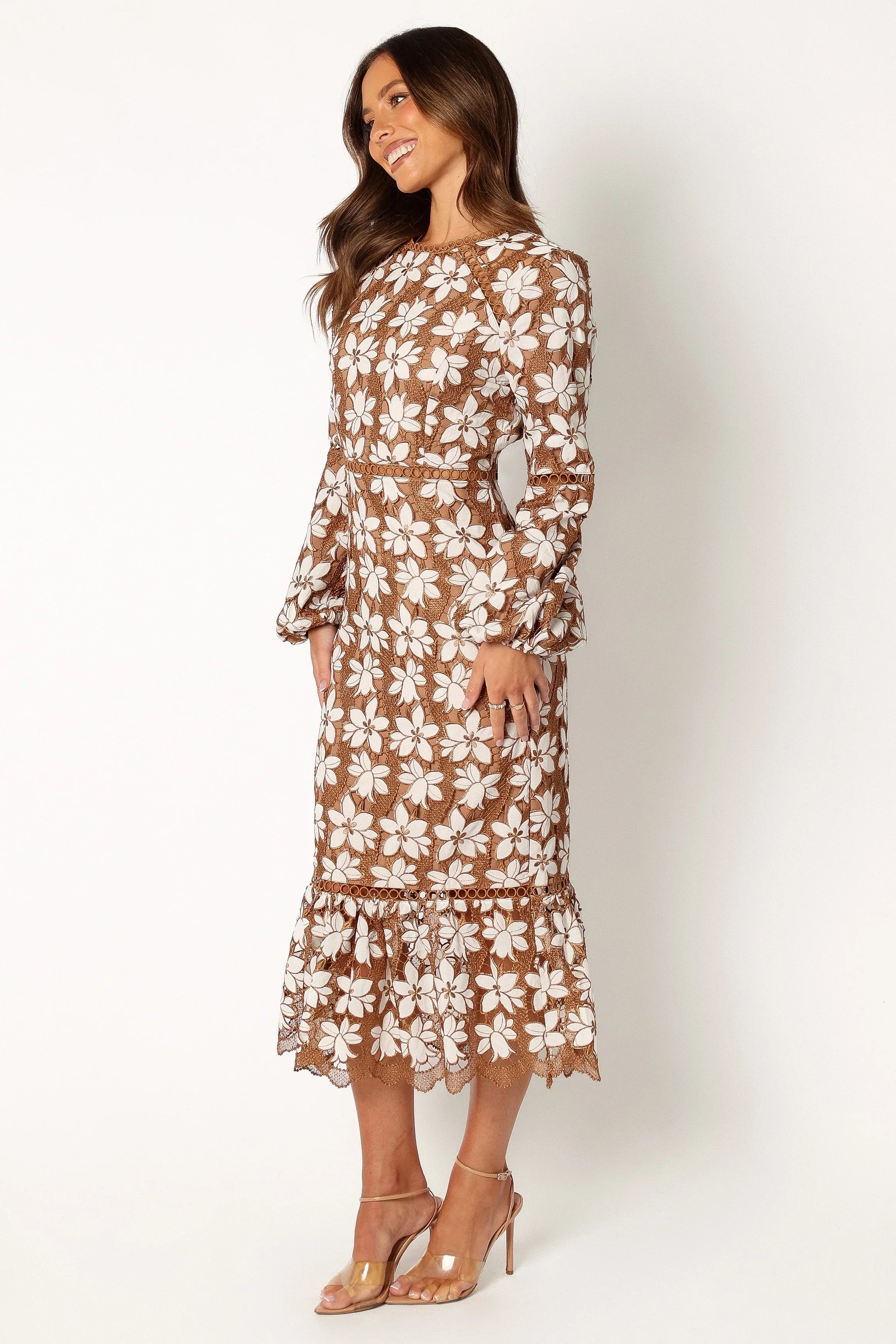 Pierre Long Sleeve Lace Maxi Dress Mocha