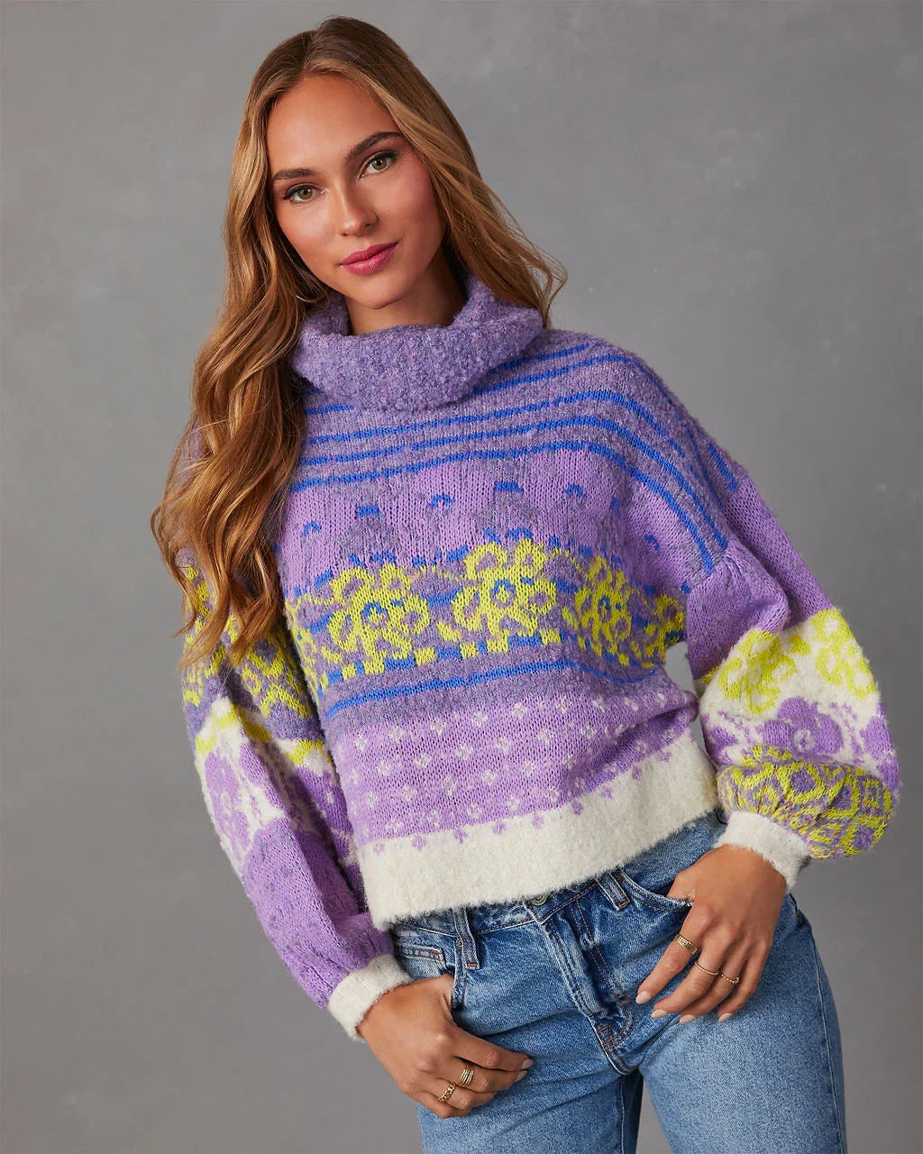 Monet Knit Printed Turtleneck Pullover Sweater