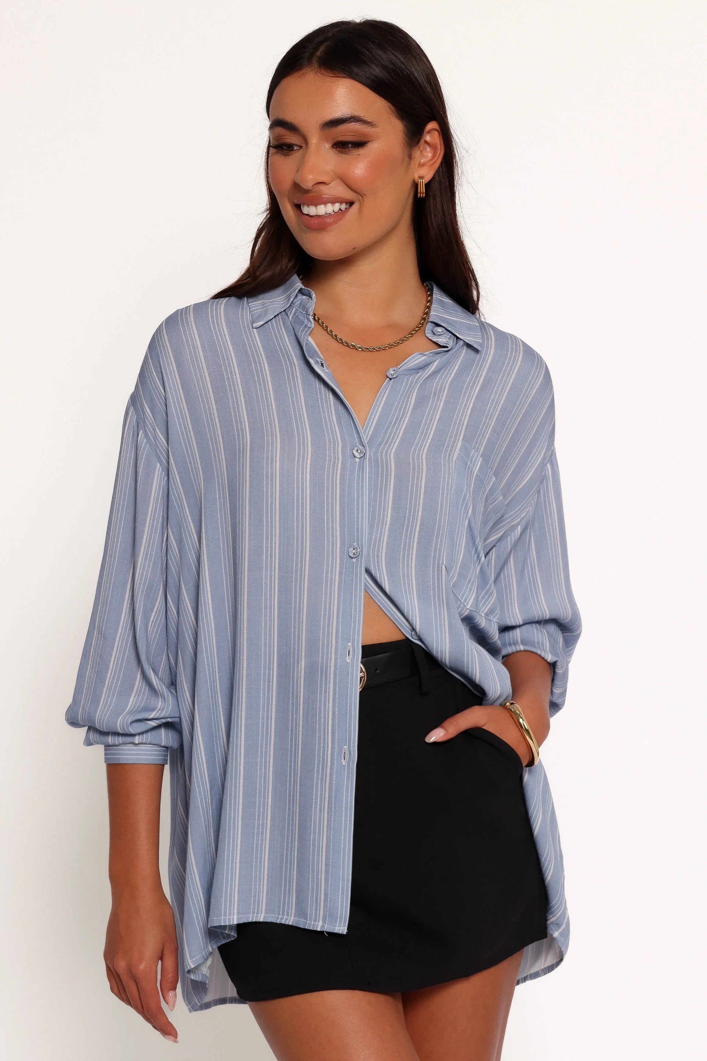 Rixo Button Down Top Blue Stripe