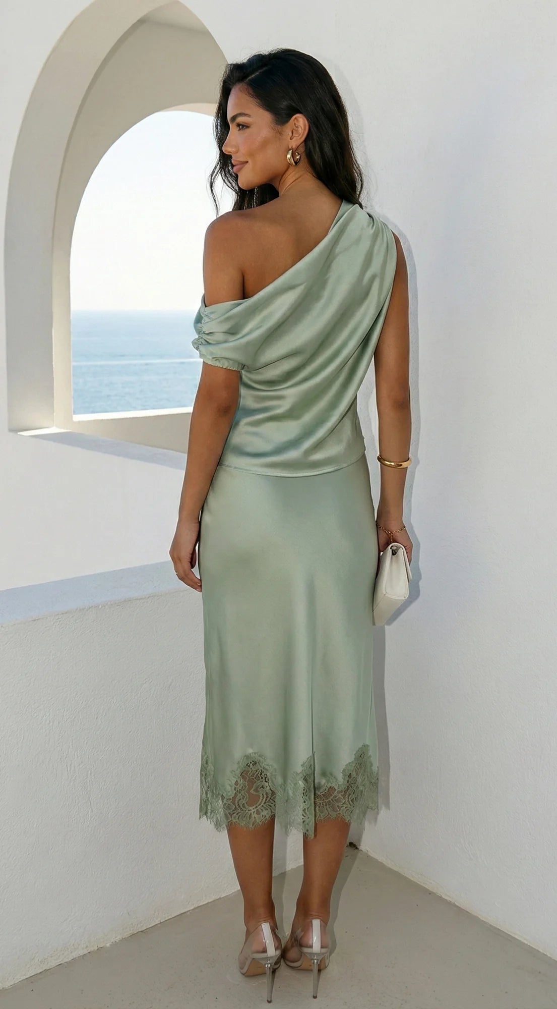 Alessara Satin Lace Off Shoulder Set Sage Green