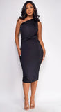 Nat One Shoulder Front Knot Midi Dress Black