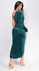 Miranda Green One Shoulder Velvet Midi Dress