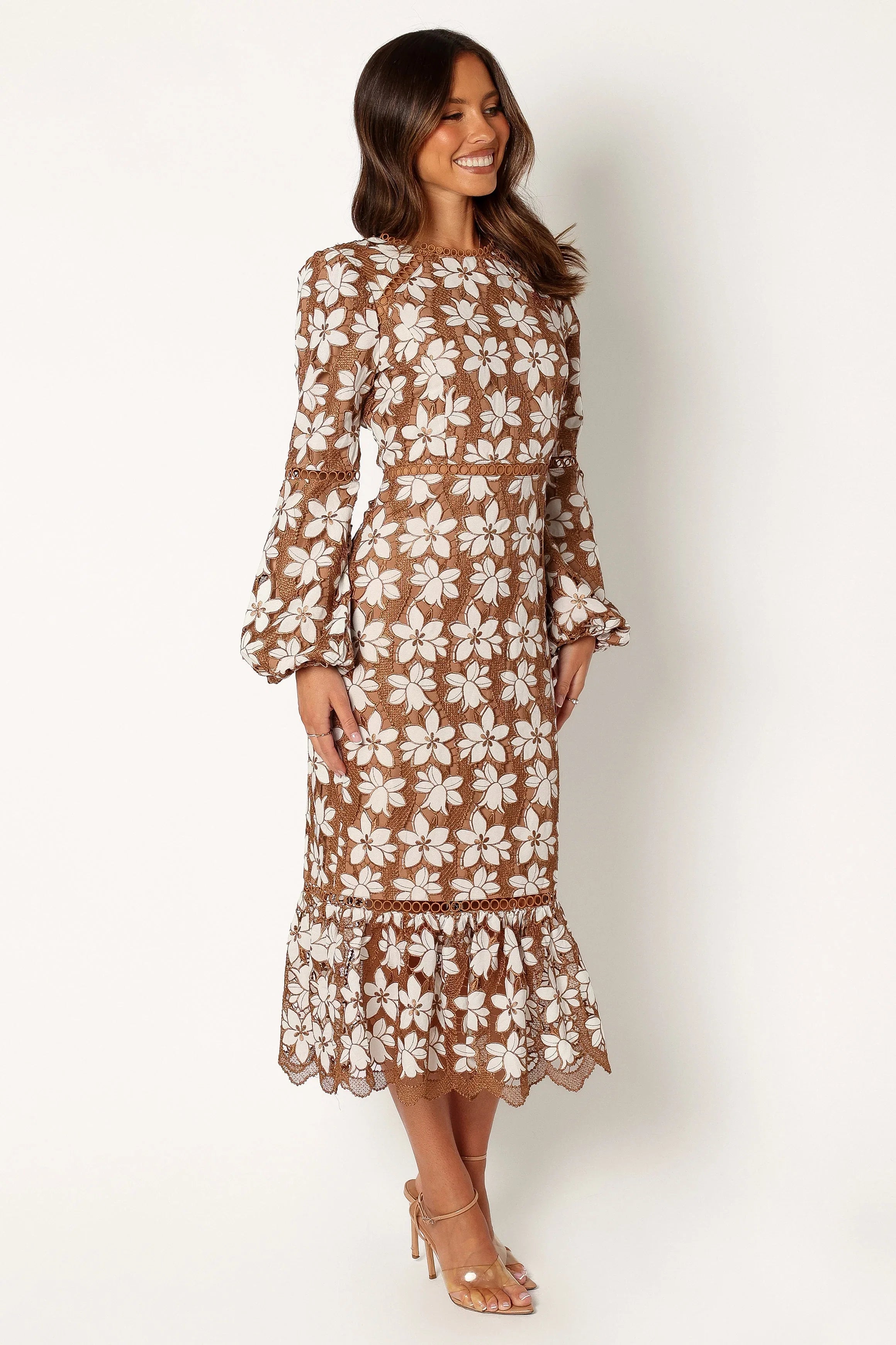 Pierre Long Sleeve Lace Maxi Dress Mocha