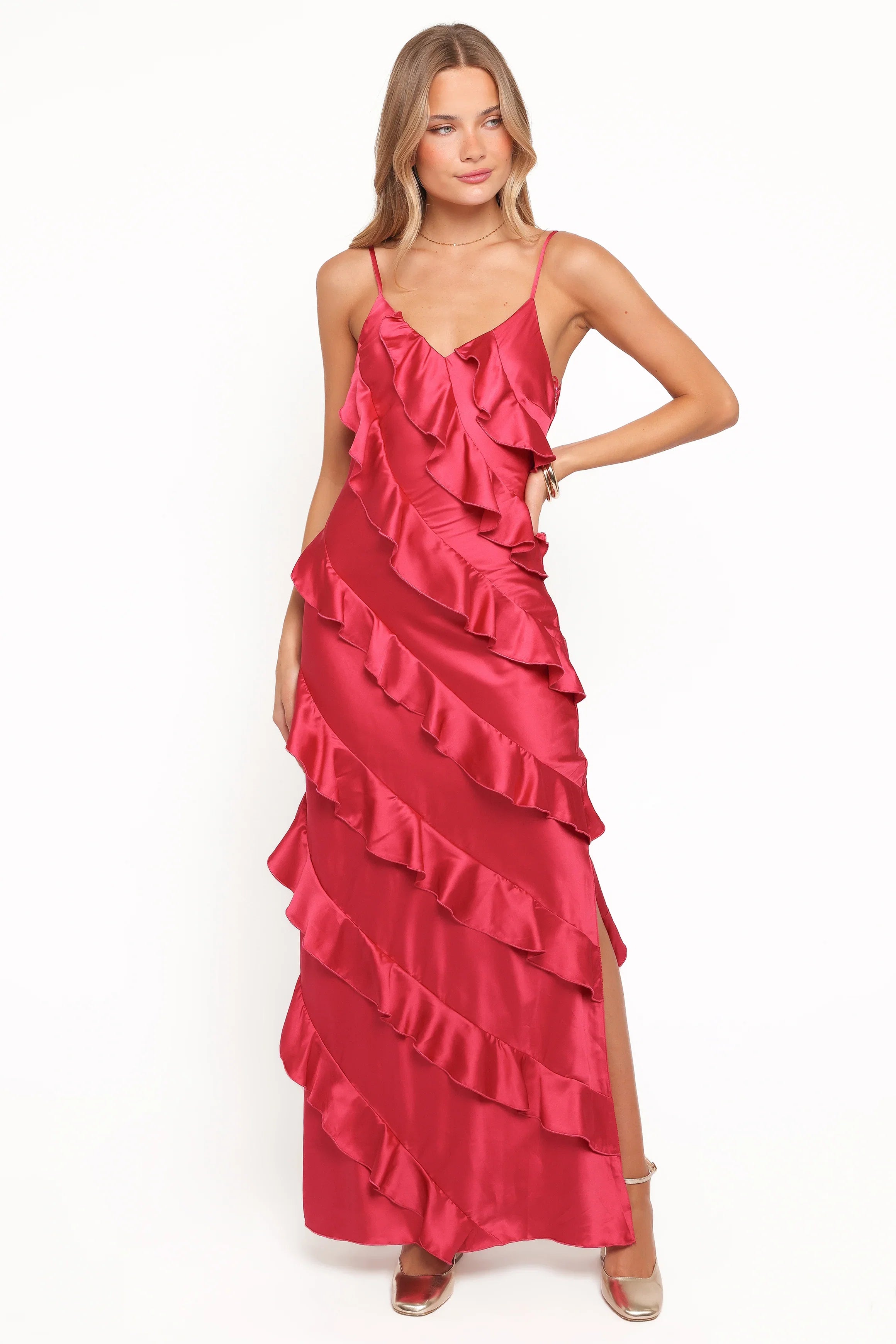 Ciao Ruffles Maxi Satin Dress Fuchsia