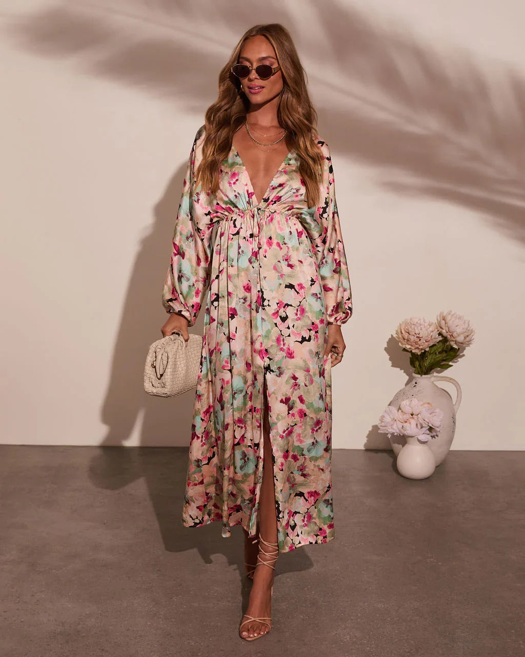Korina Satin Printed Kimono Empire Waist Maxi Dress