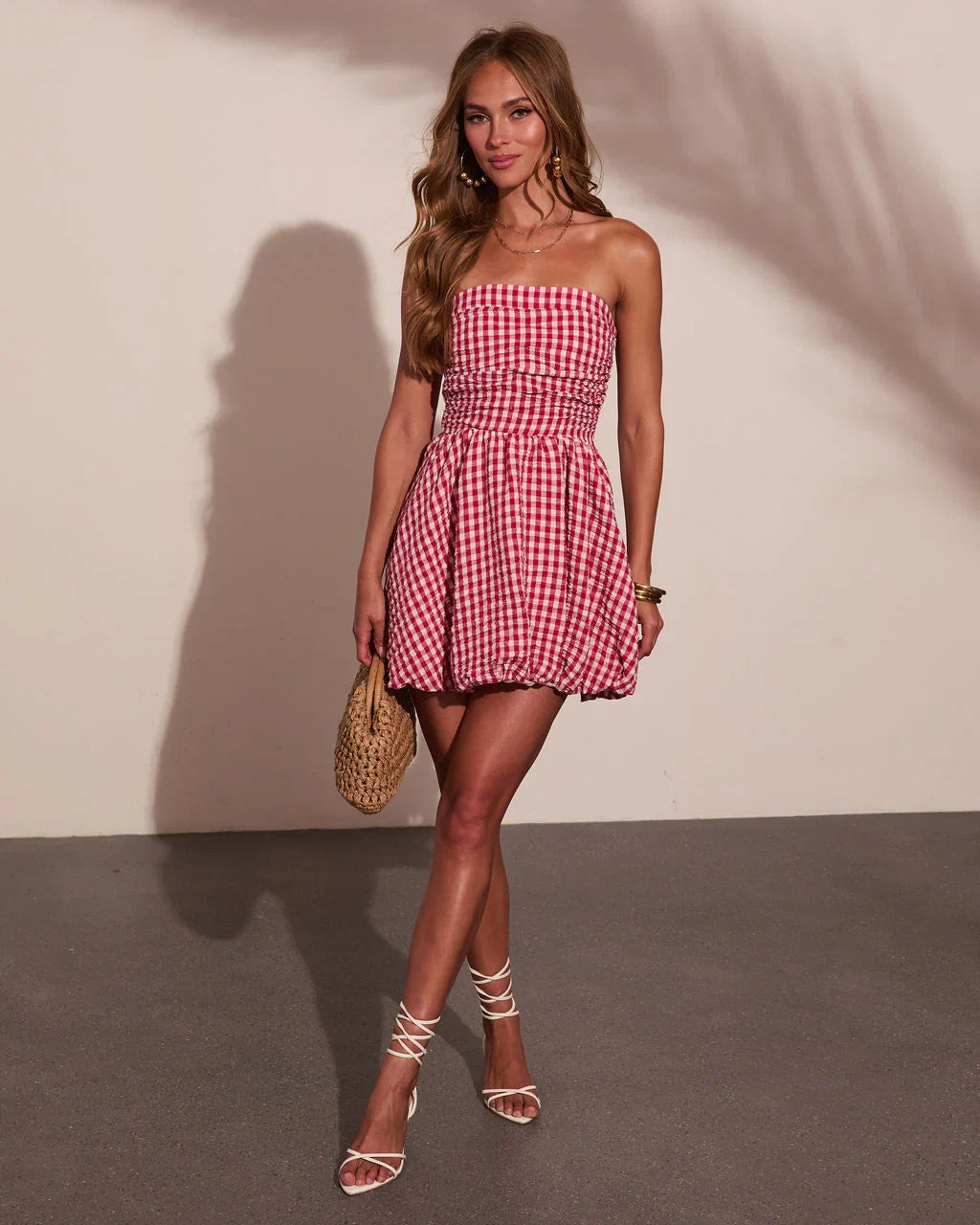 Harbor Stripe Bubble Hem Gingham Print Mini Dress