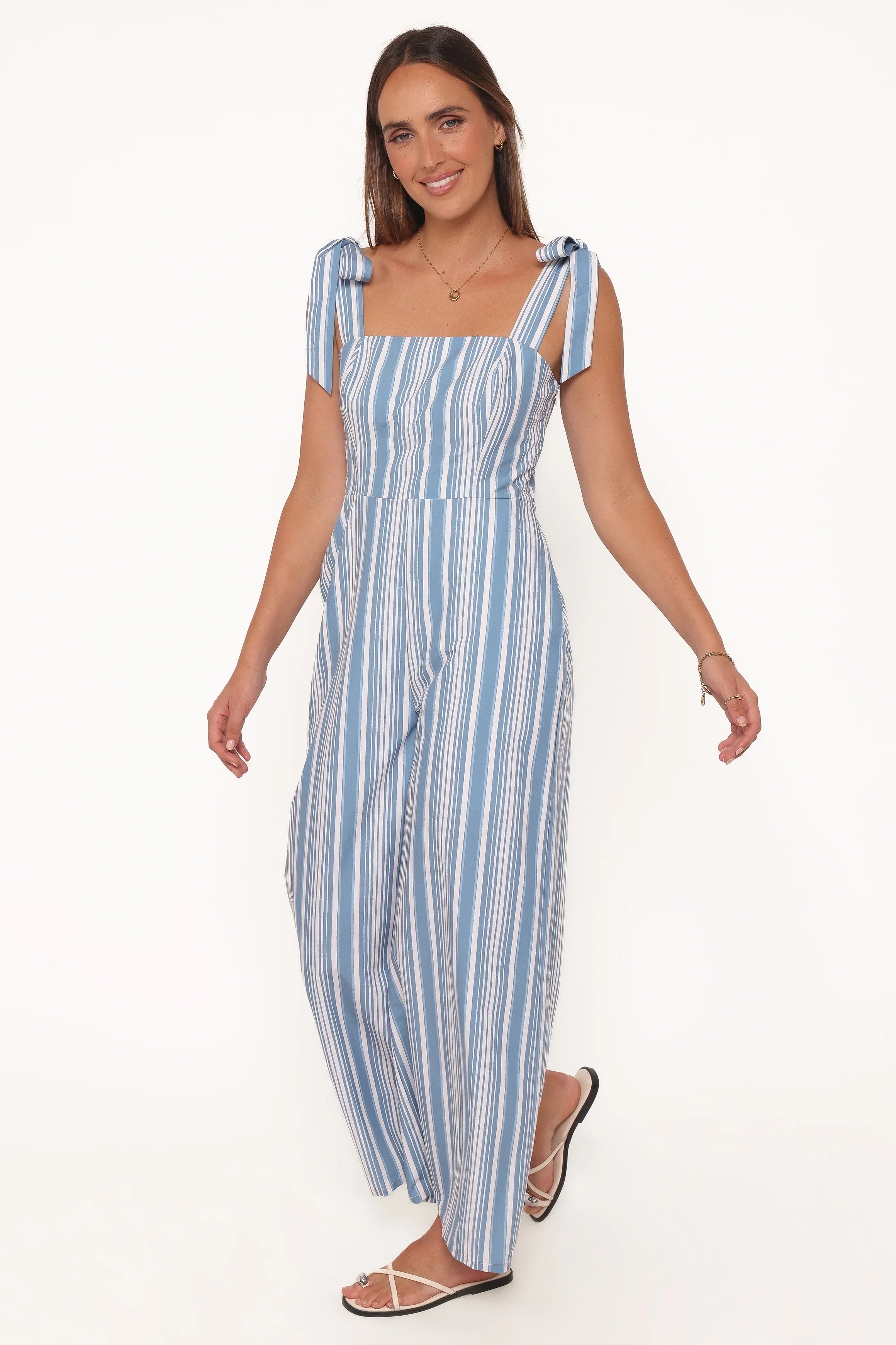 Ella Tie Shoulder Jumpsuit Blue White Stripe