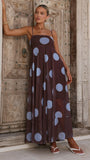 Melinda Mesh Maxi Dress Brown Blue Polka Dot