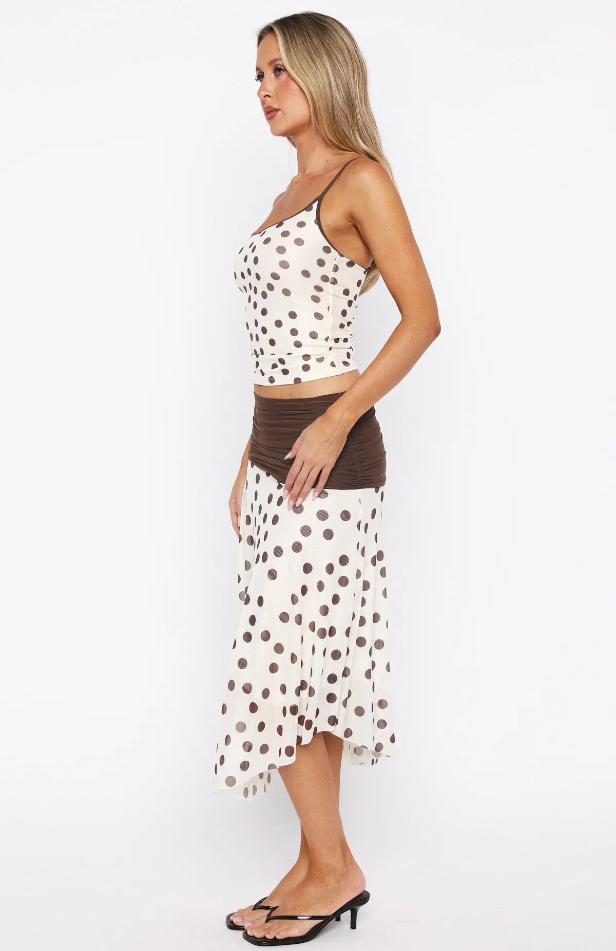 Mediterranean Mirage Midi Skirt Cream Choc Polka Dot