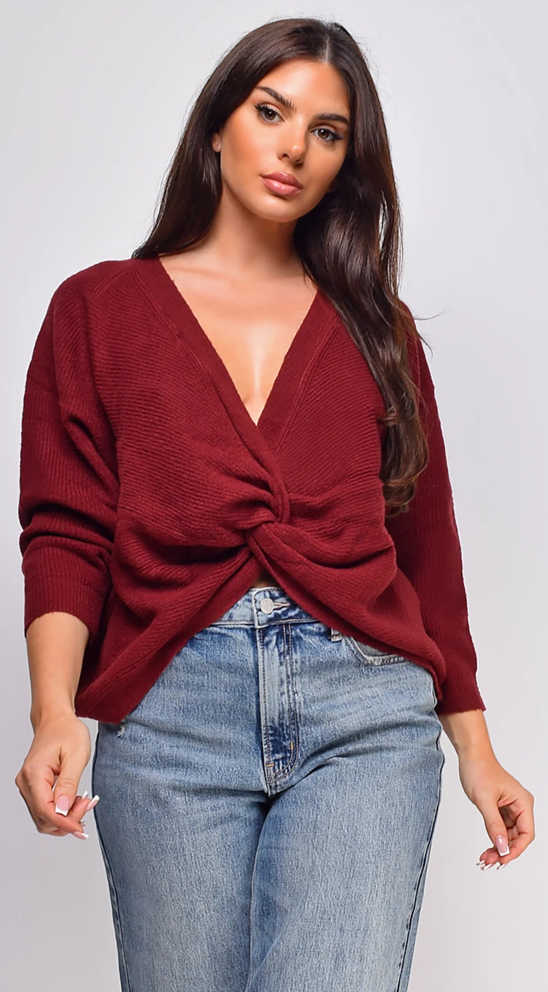 Savanne Twist Detail Convertible Sweater Burgundy