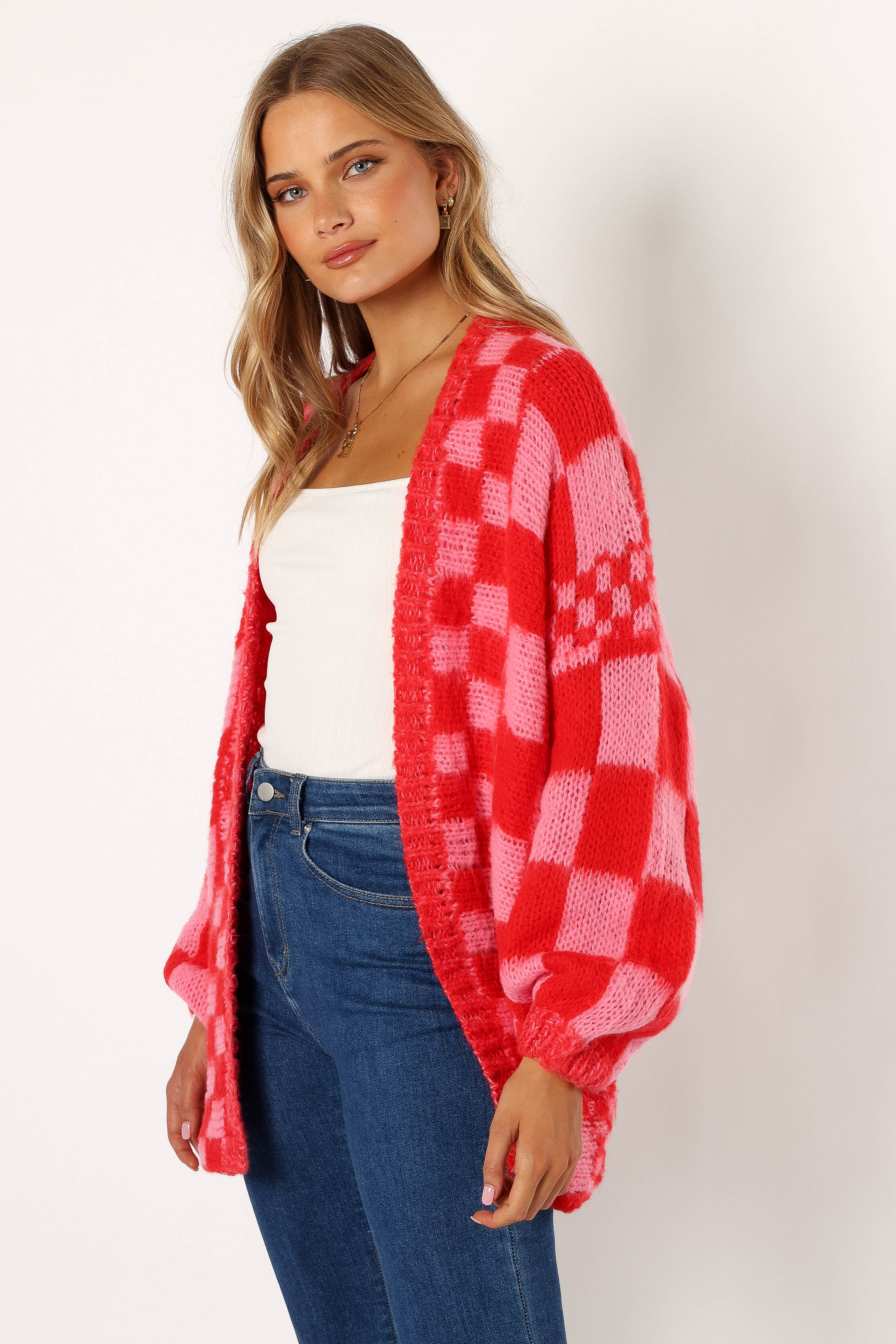 Davina Pattern Open Front Cardigan Red Pink