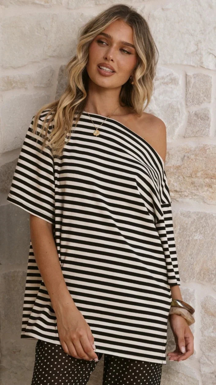Pia One Shoulder Oversize Tee Black White Stripe