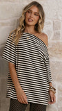 Pia One Shoulder Oversize Tee Black White Stripe
