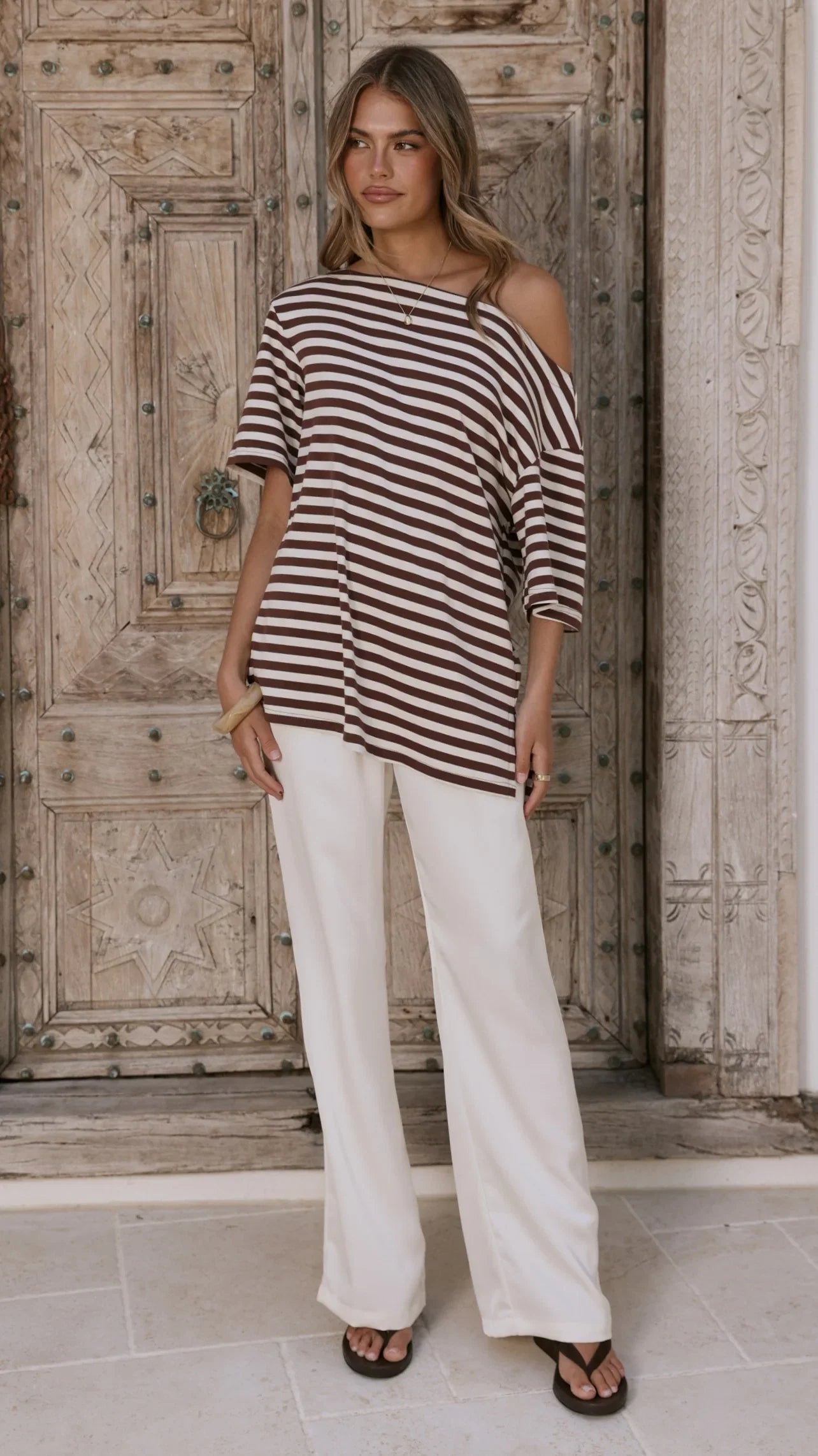 Pia One Shoulder Oversize Tee Choc White Stripe