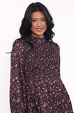 Edwina Shirred Frill Long Sleeve Midi Dress Plum Floral