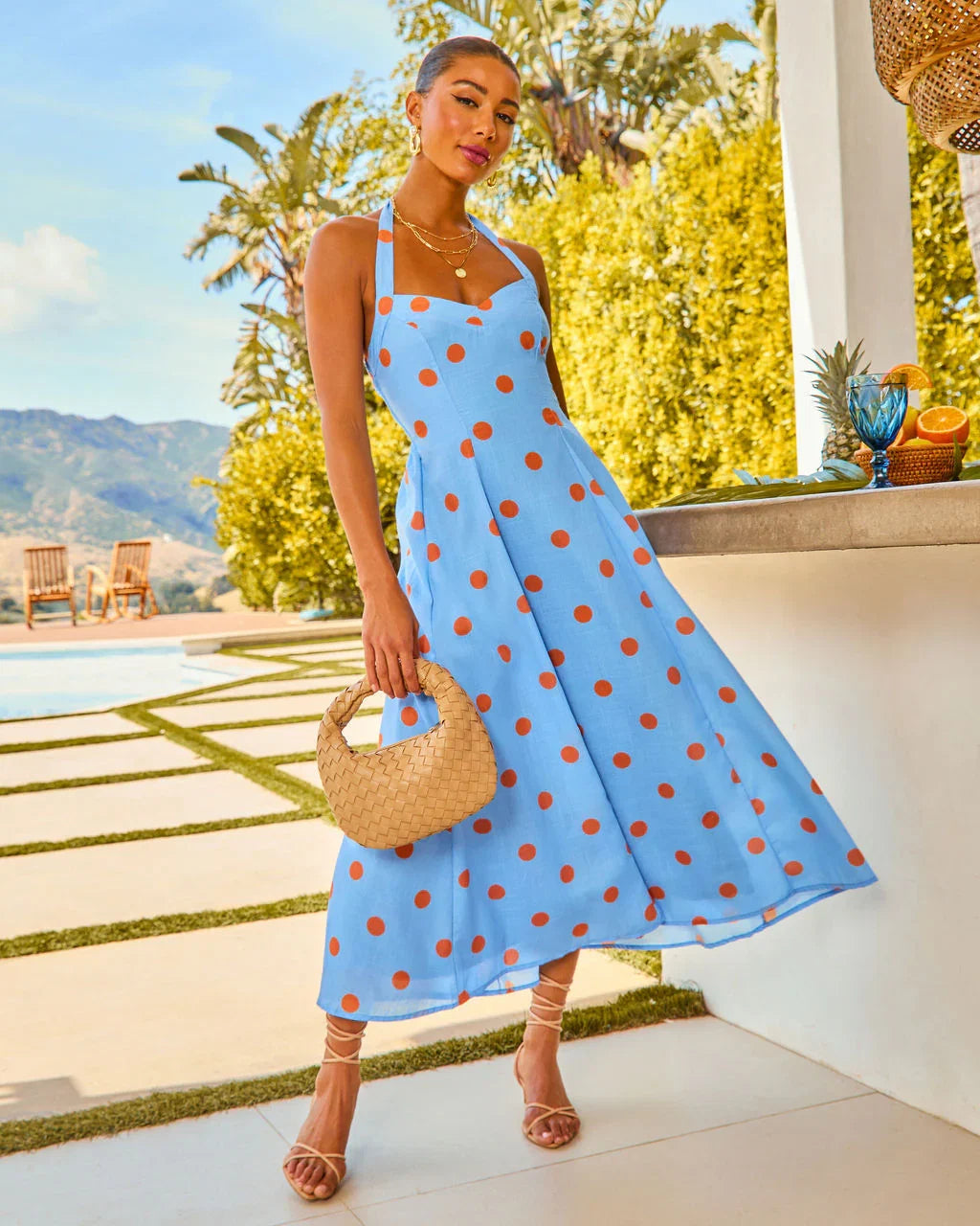 Beach Stroll Polka Dot Halter Midi Dress