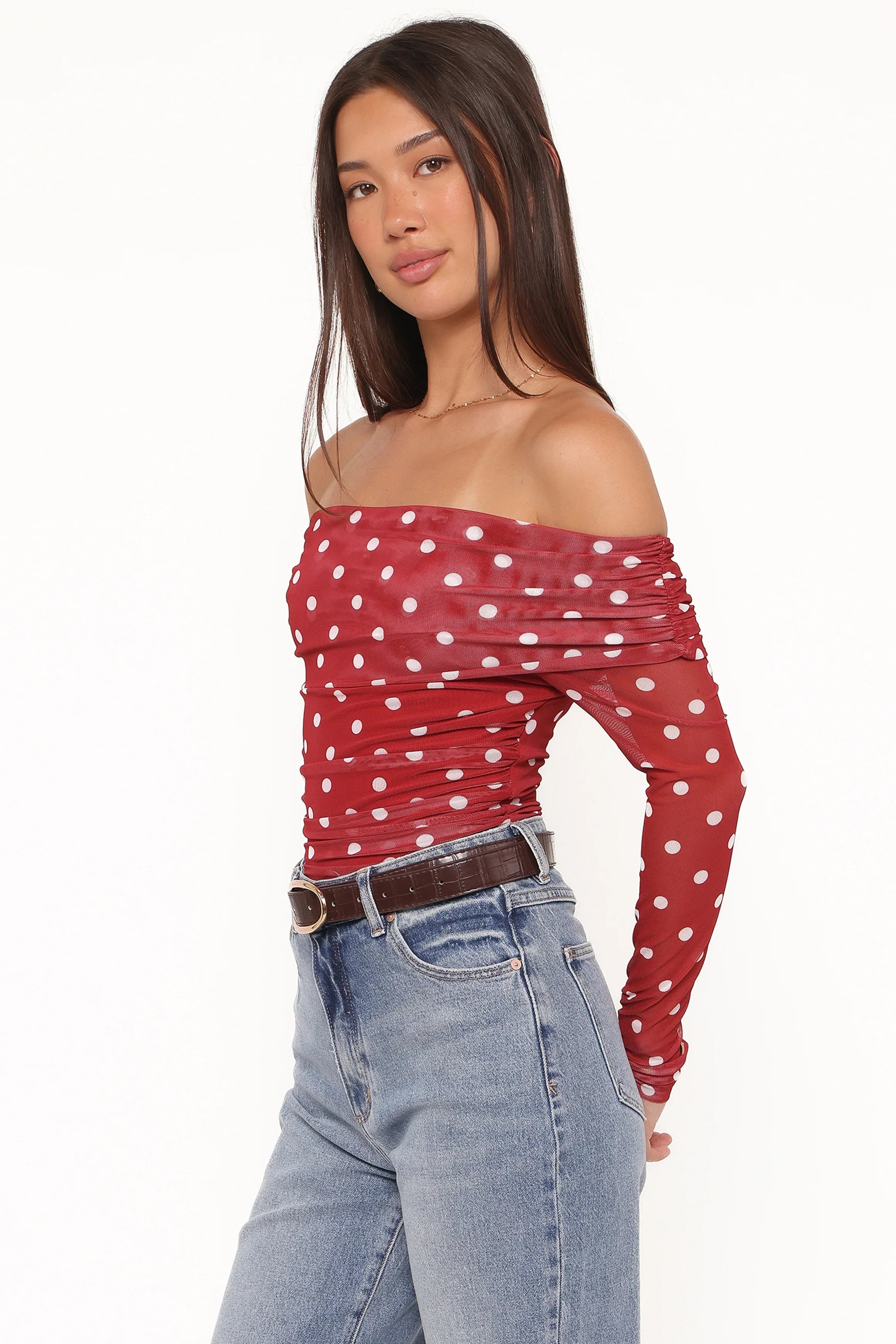 Caelira Off Shoulder Top Red Polka Dot