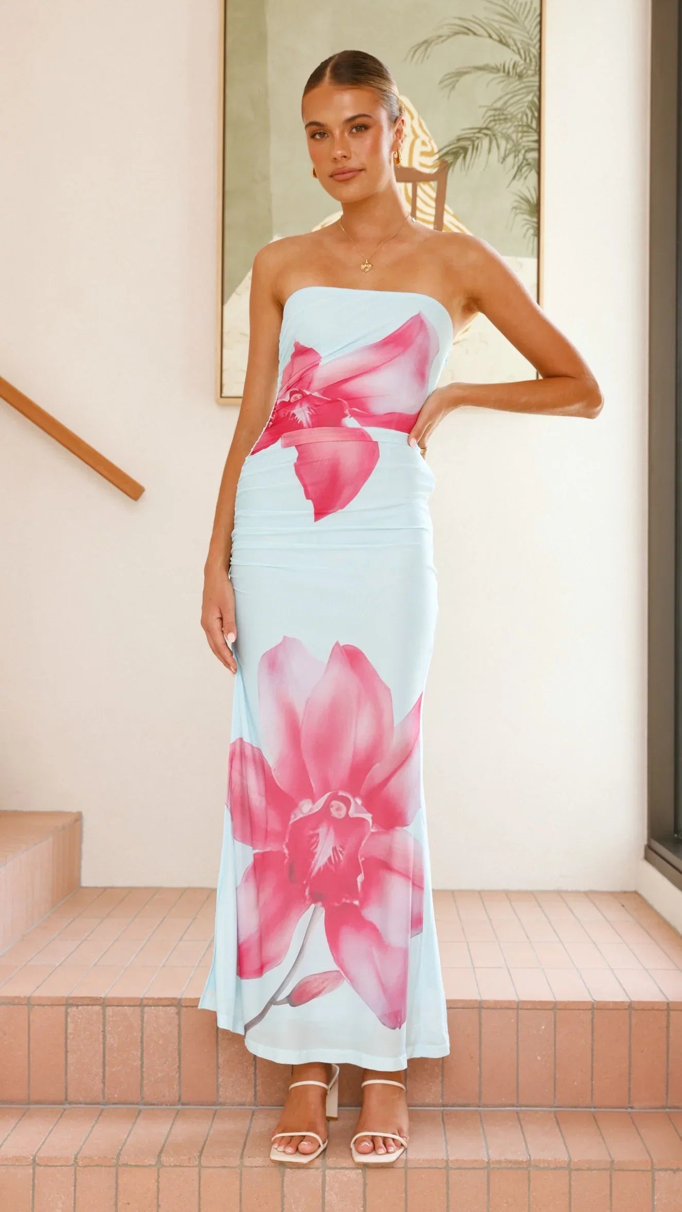 Brittani Strapless Maxi Dress Blue Pink