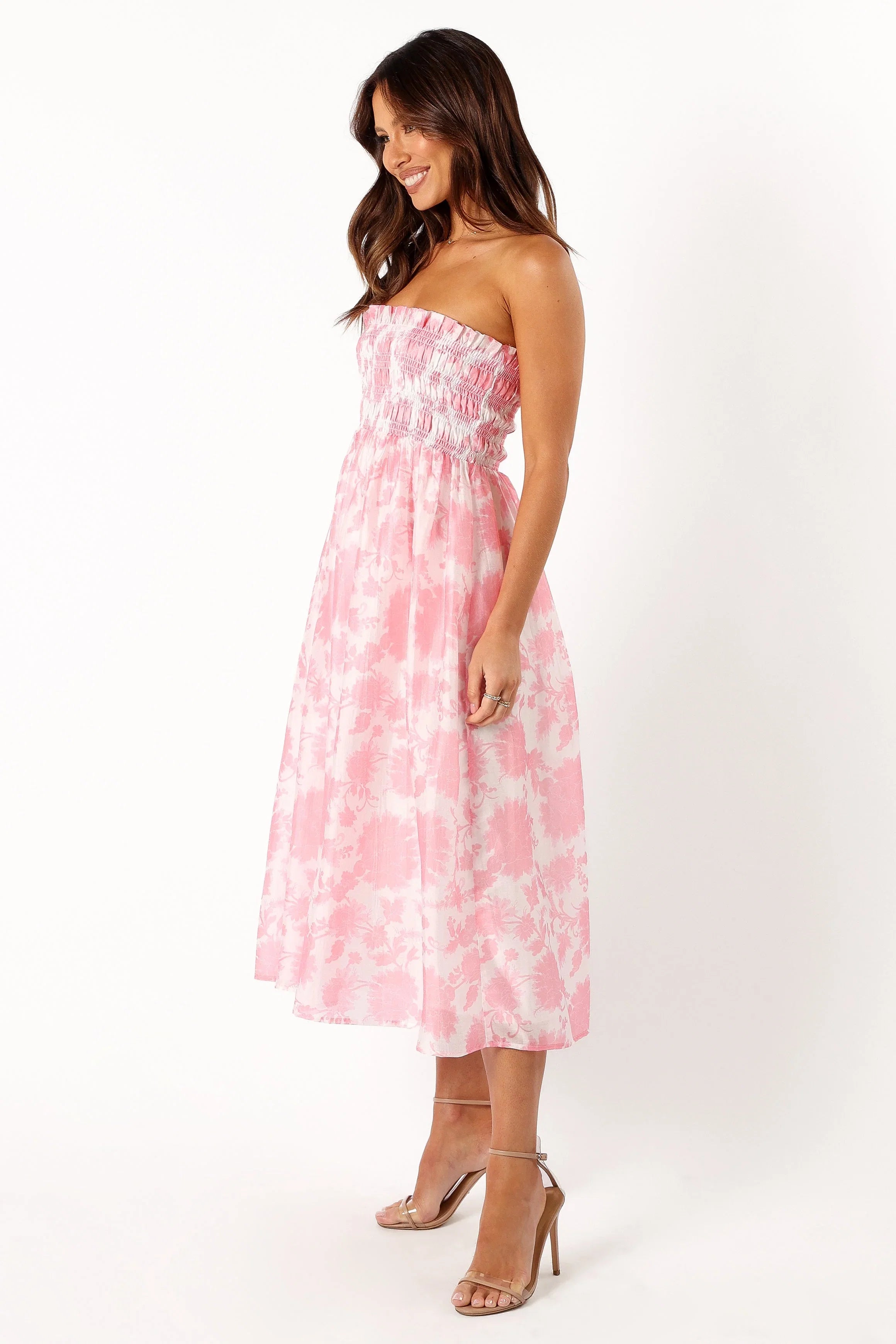 Carter Strapless Midi Dress Pink Floral