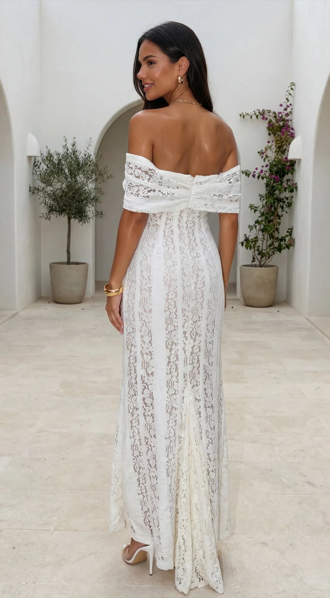 Lunessa Lace Off Shoulder Maxi Dress Cream White