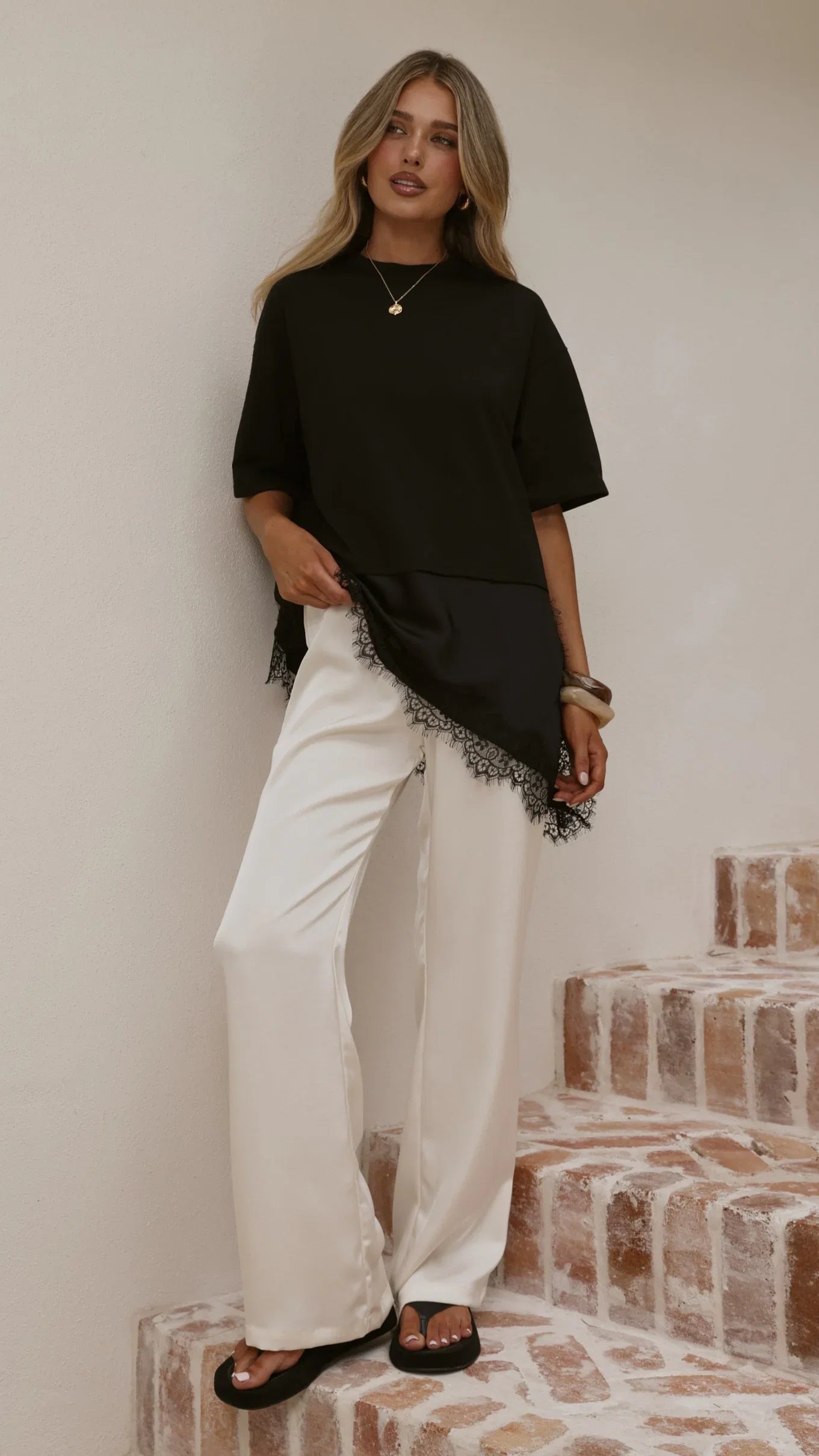Mirandah Satin Panel T Shirt Black
