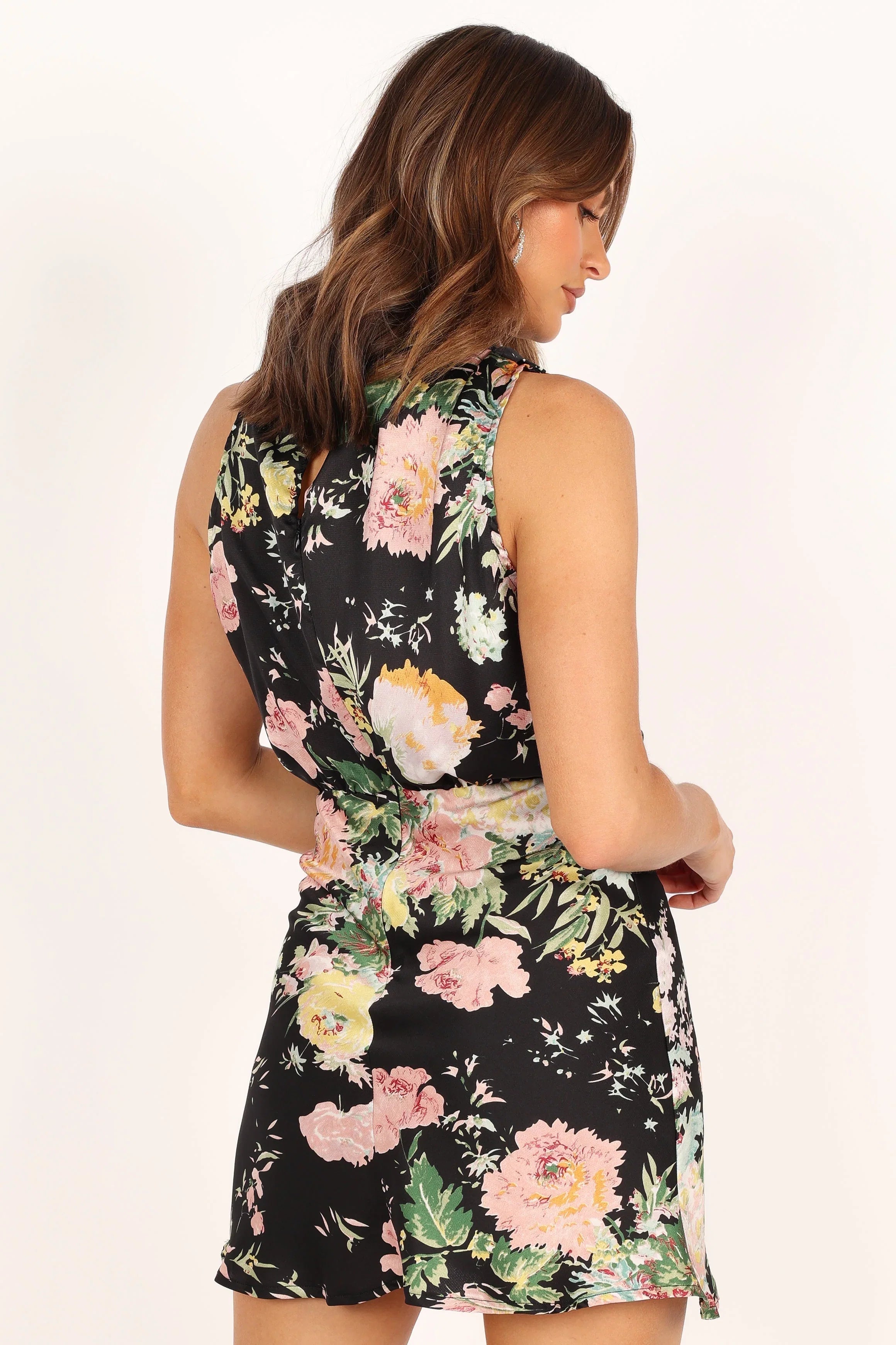 Anabelle Halter Neck Mini Dress Black Floral