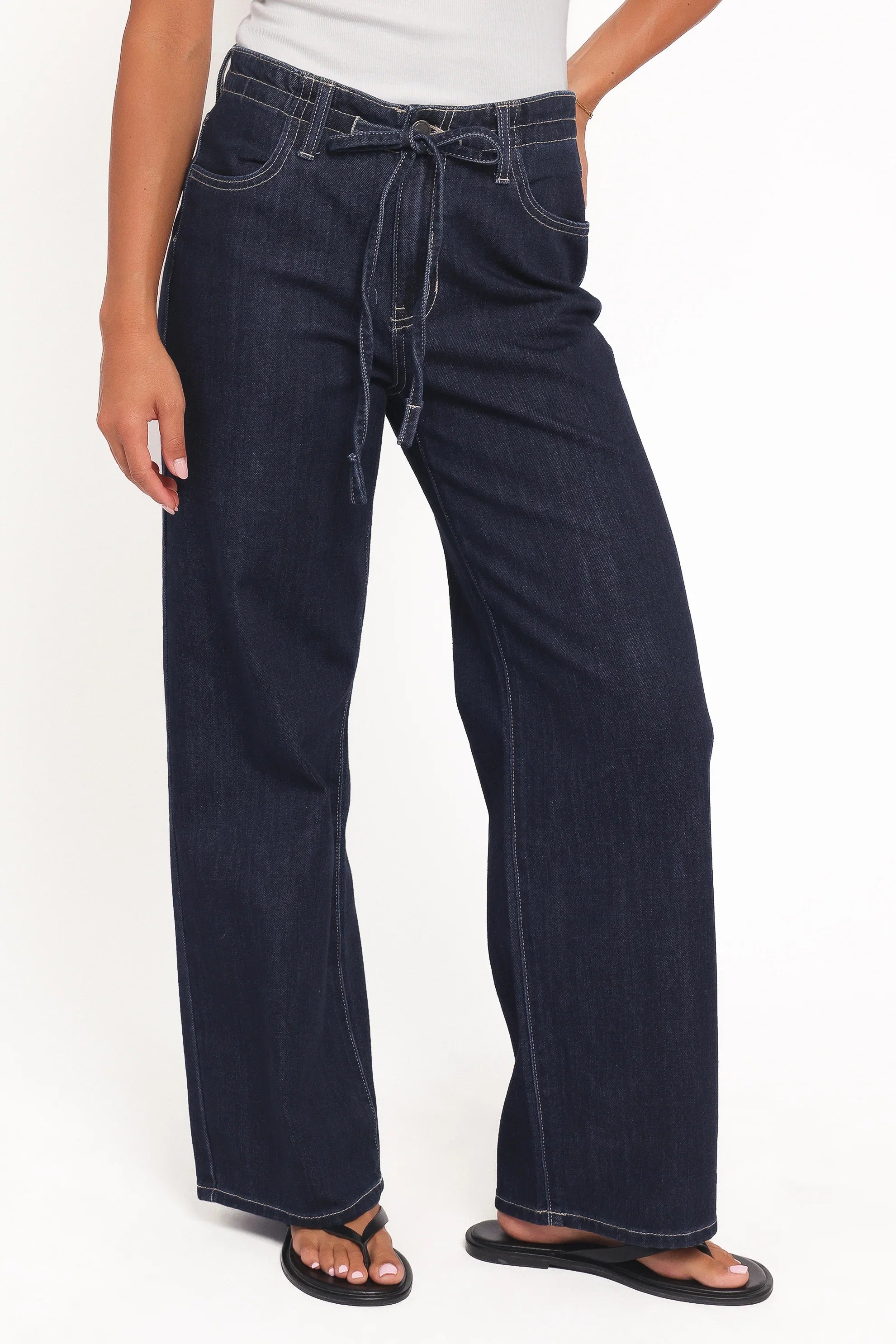 Clover Drawstring Wide Leg Jeans Dark Wash